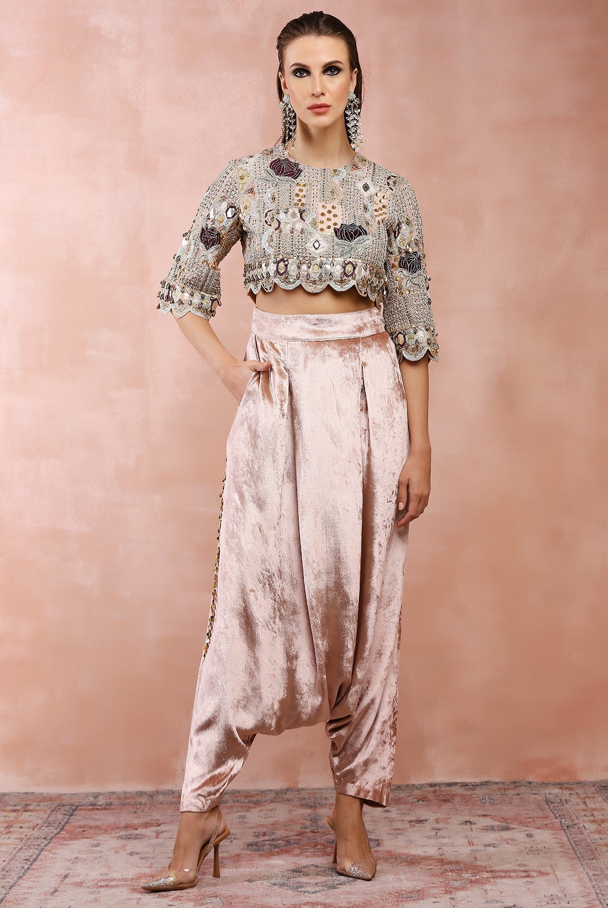 Rose pink embroidered top with lowcrotch pant