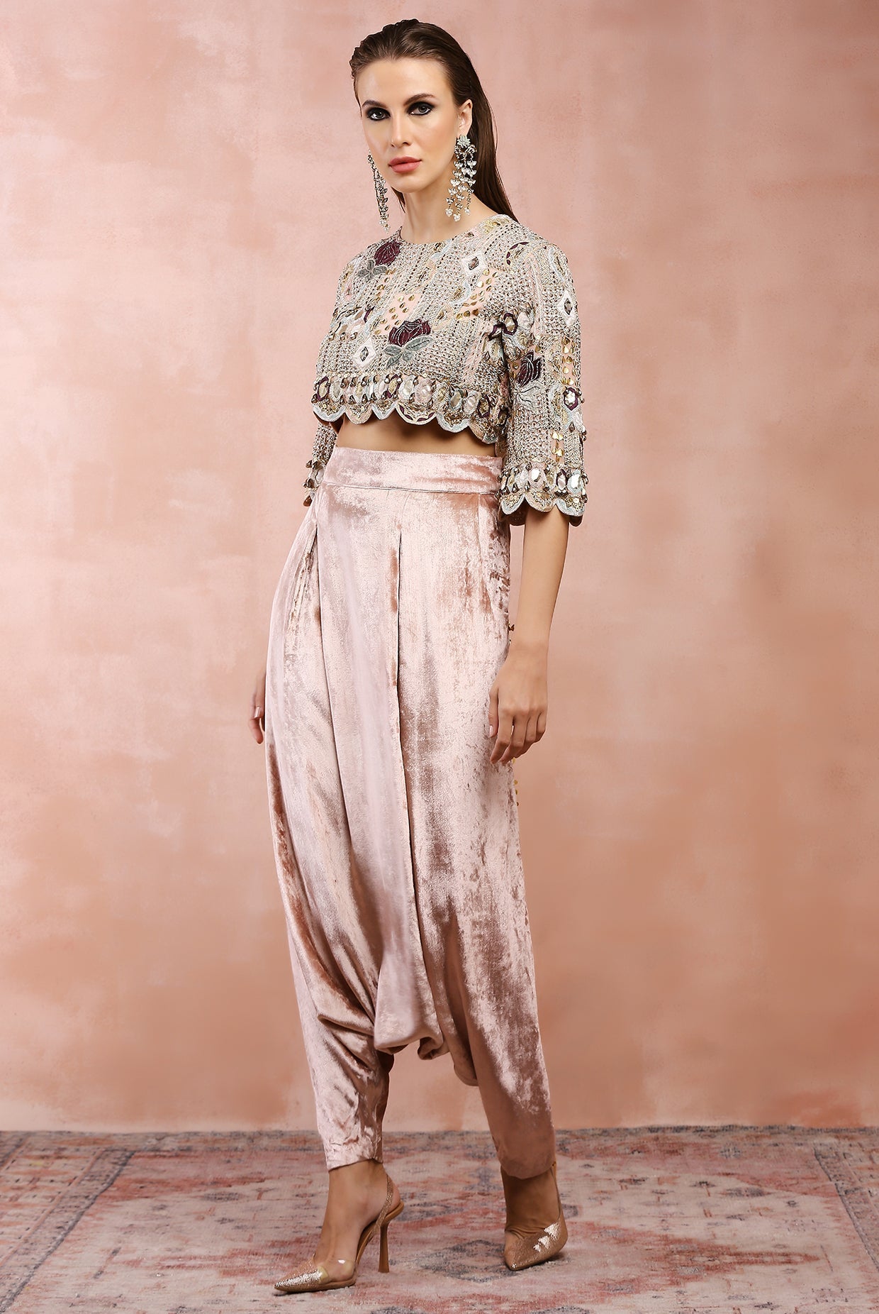 Rose pink embroidered top with lowcrotch pant