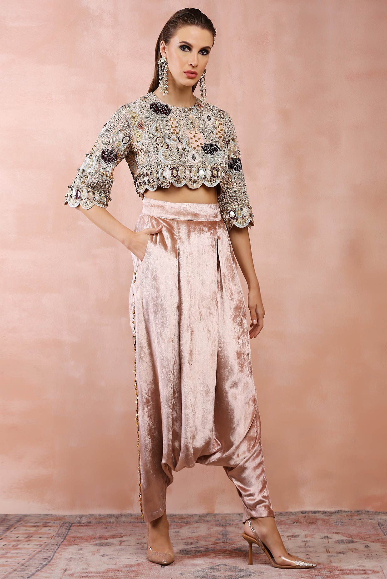 Rose pink embroidered top with lowcrotch pant