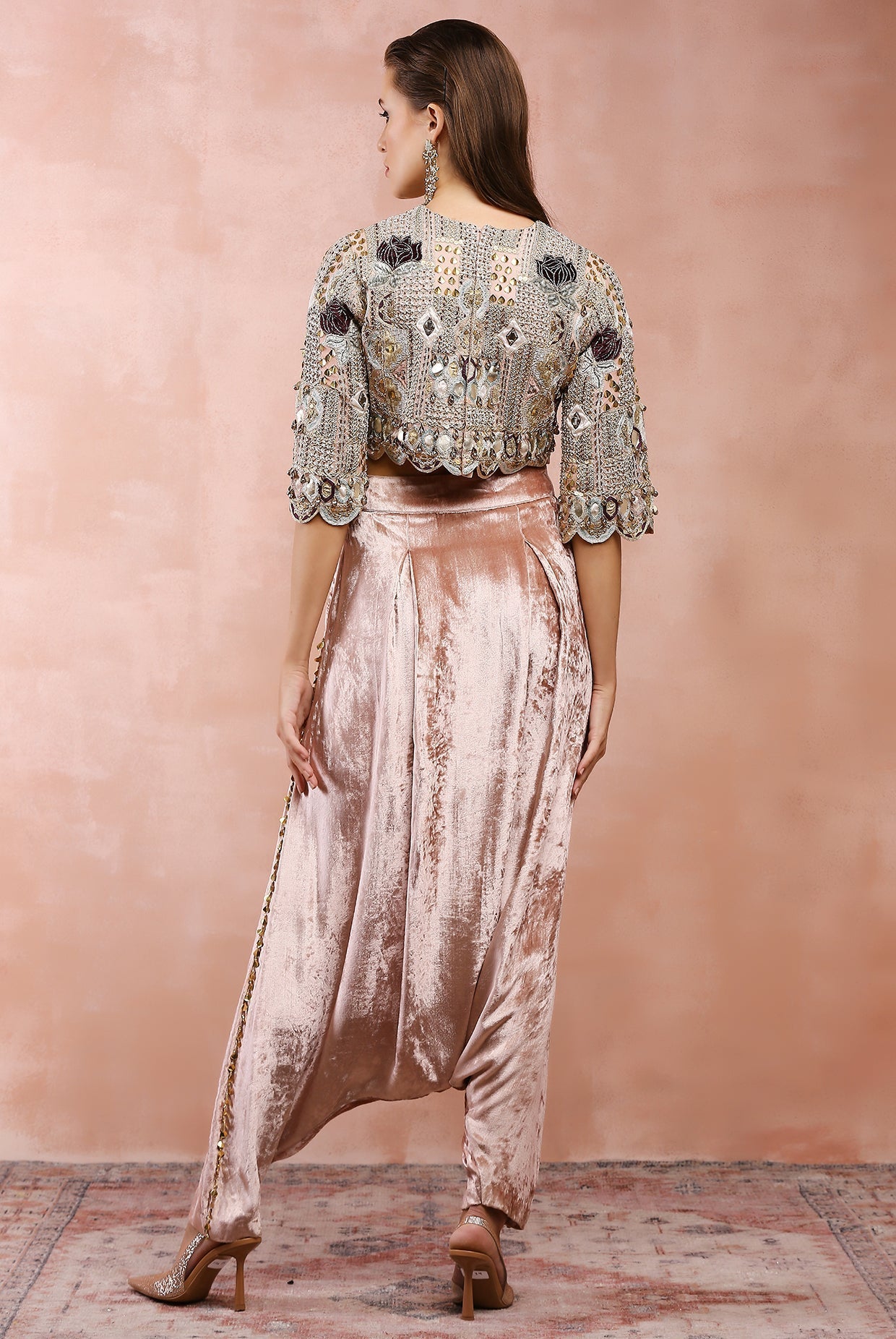 Rose pink embroidered top with lowcrotch pant