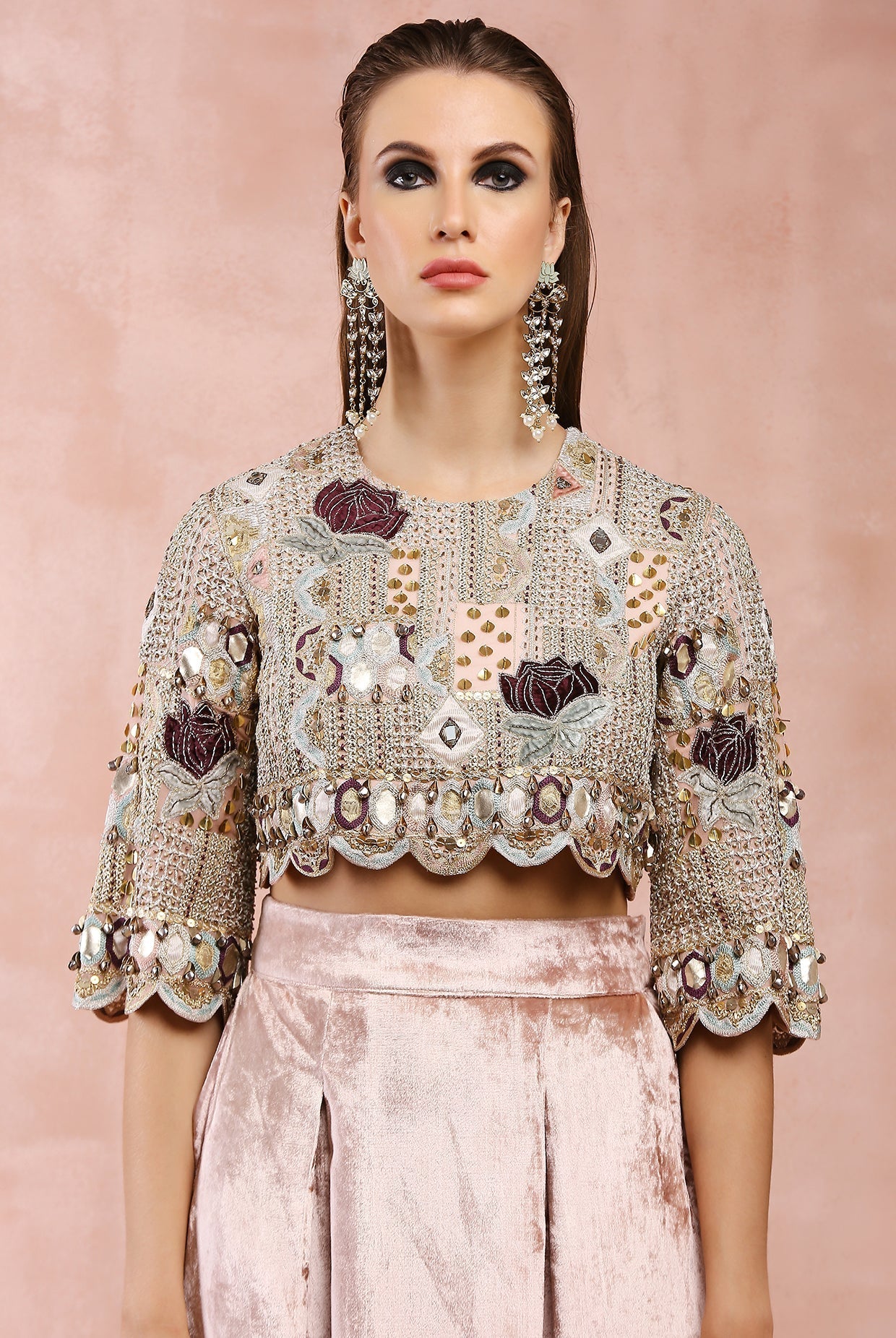 Rose pink embroidered top with lowcrotch pant