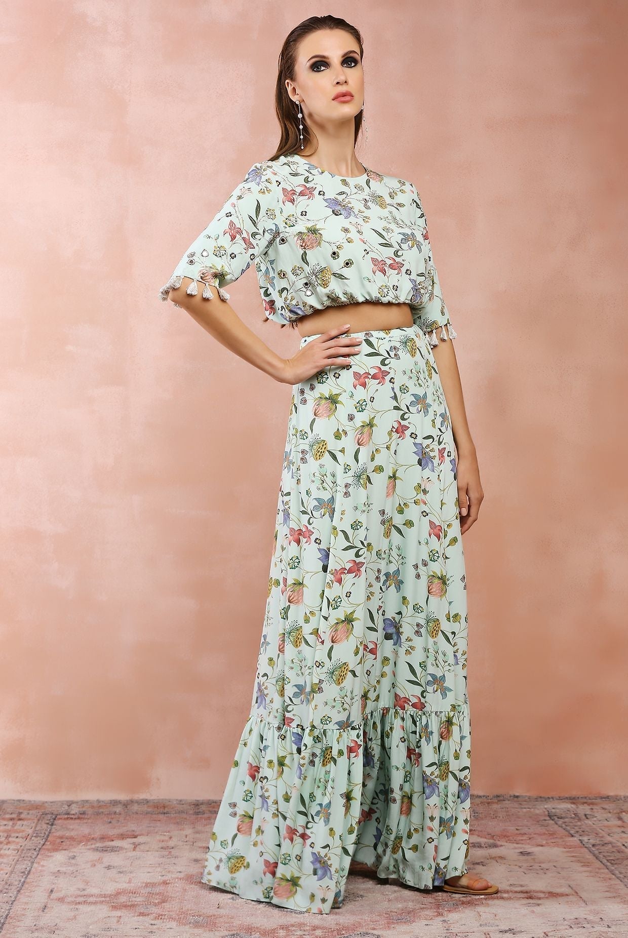 Mint Nargis Print Embroidered Balloon Top With Frill Skirt