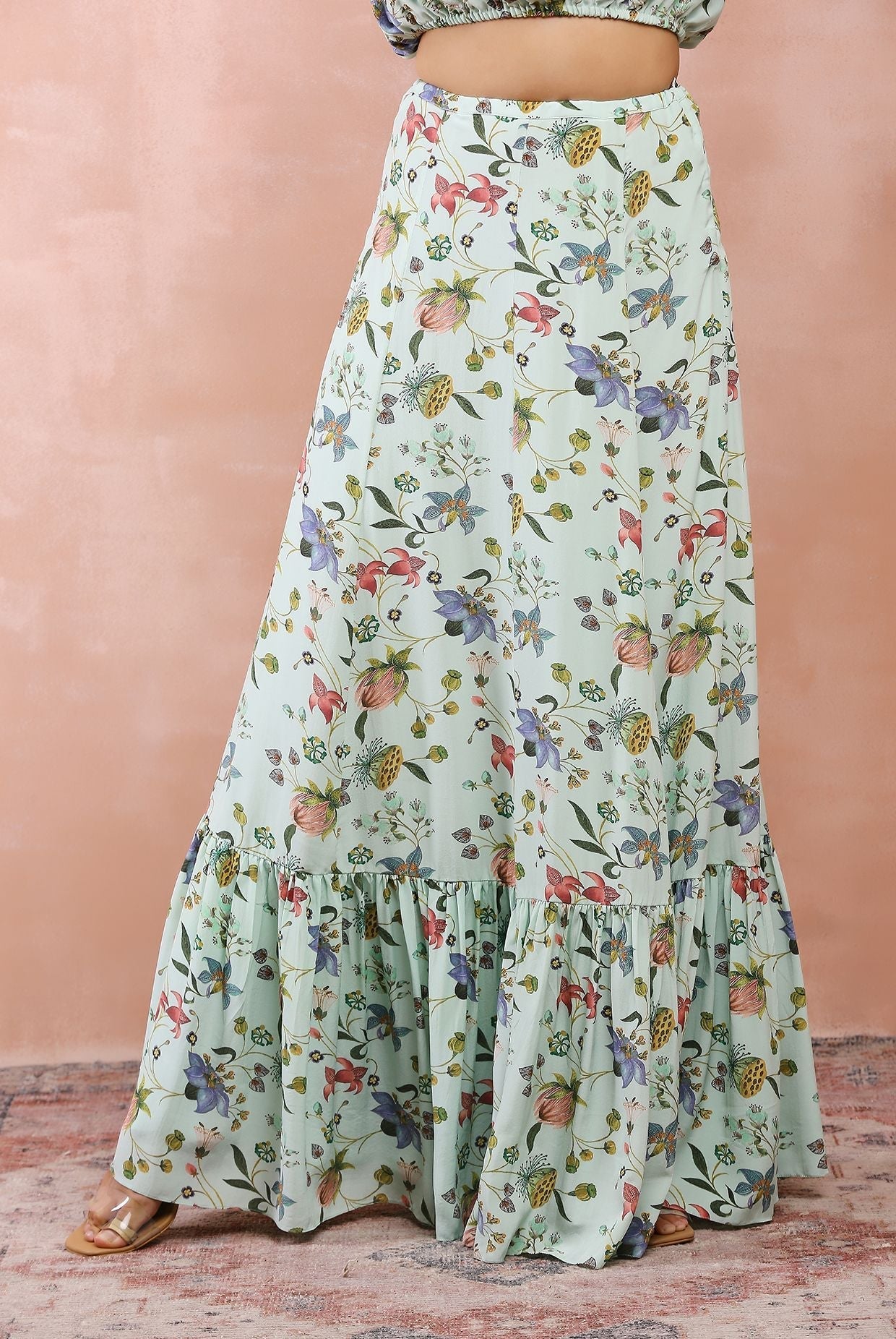 Mint Nargis Print Embroidered Balloon Top With Frill Skirt