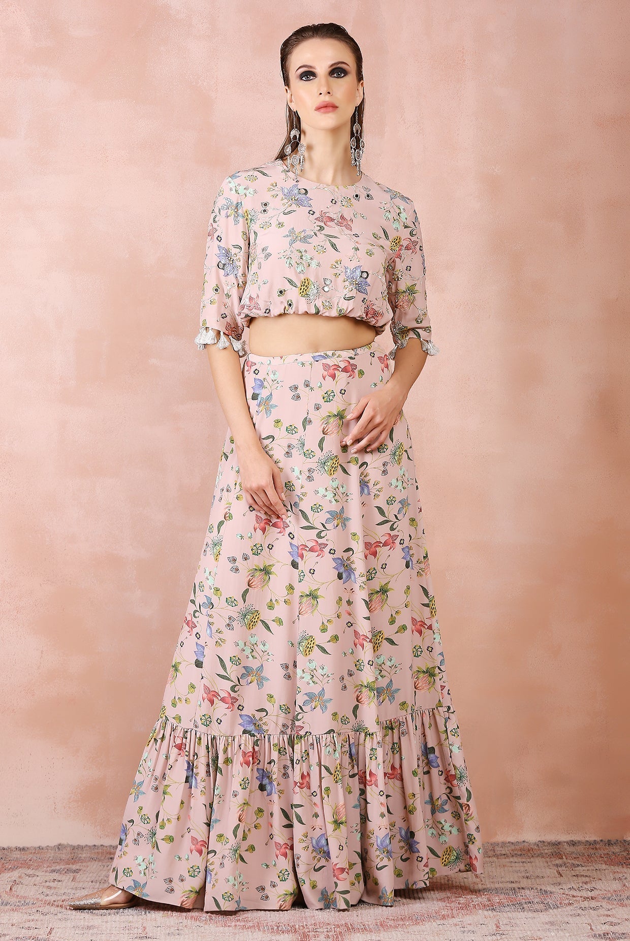 Rose pink nargis print embroidered balloon top with frill skirt