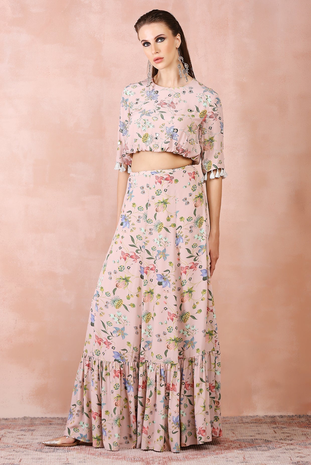 Rose pink nargis print embroidered balloon top with frill skirt