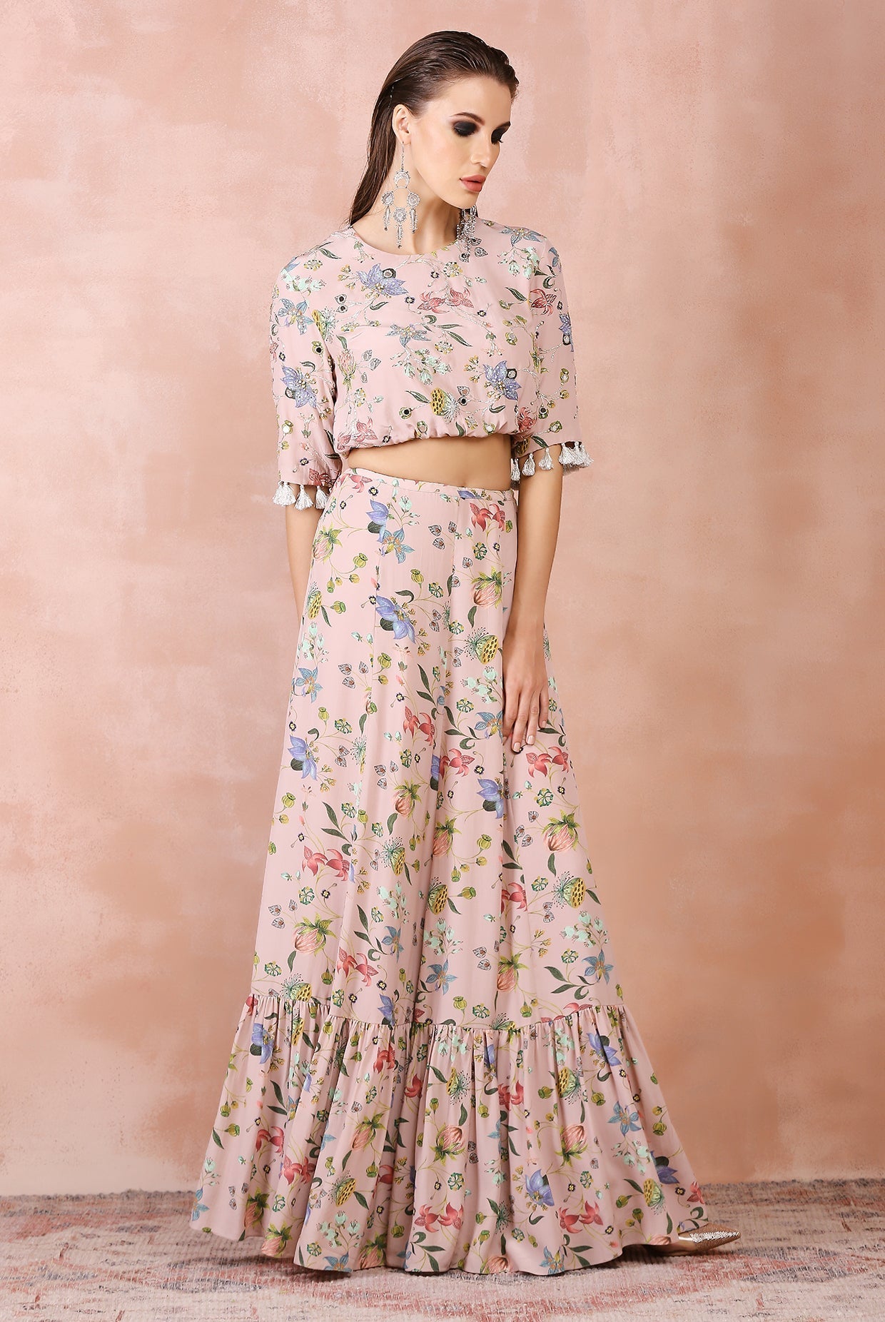 Rose pink nargis print embroidered balloon top with frill skirt