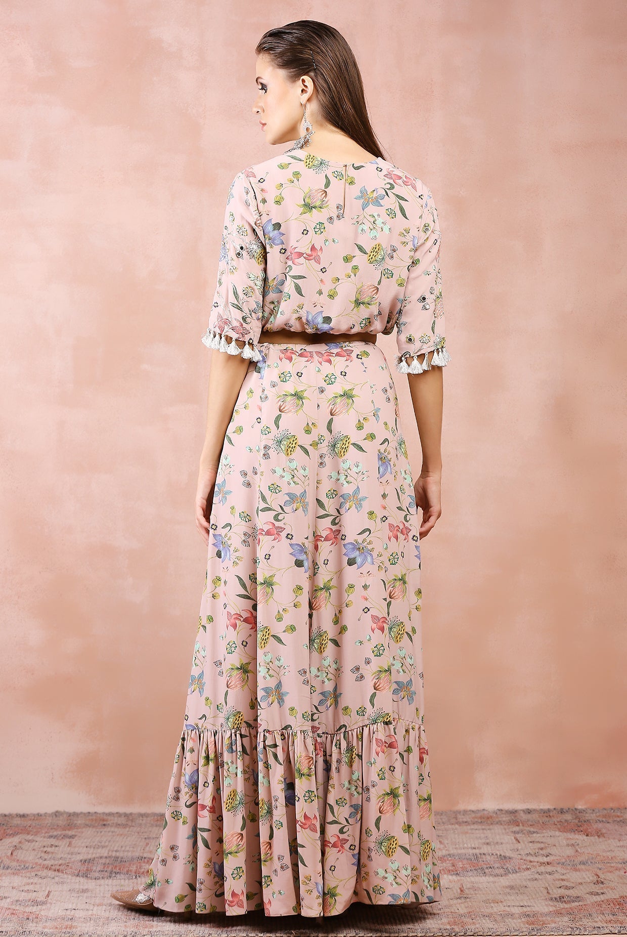 Rose pink nargis print embroidered balloon top with frill skirt