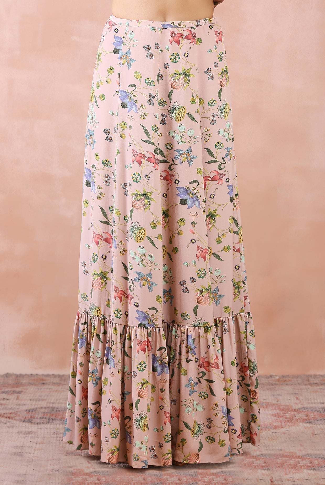 Rose pink nargis print embroidered balloon top with frill skirt