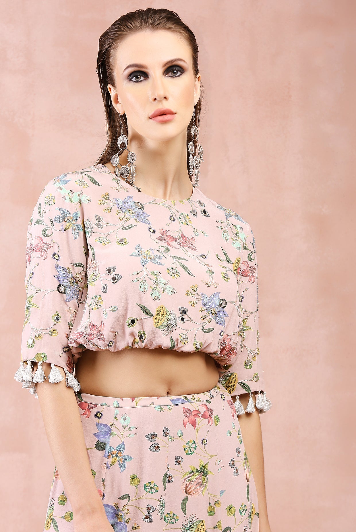 Rose pink nargis print embroidered balloon top with frill skirt