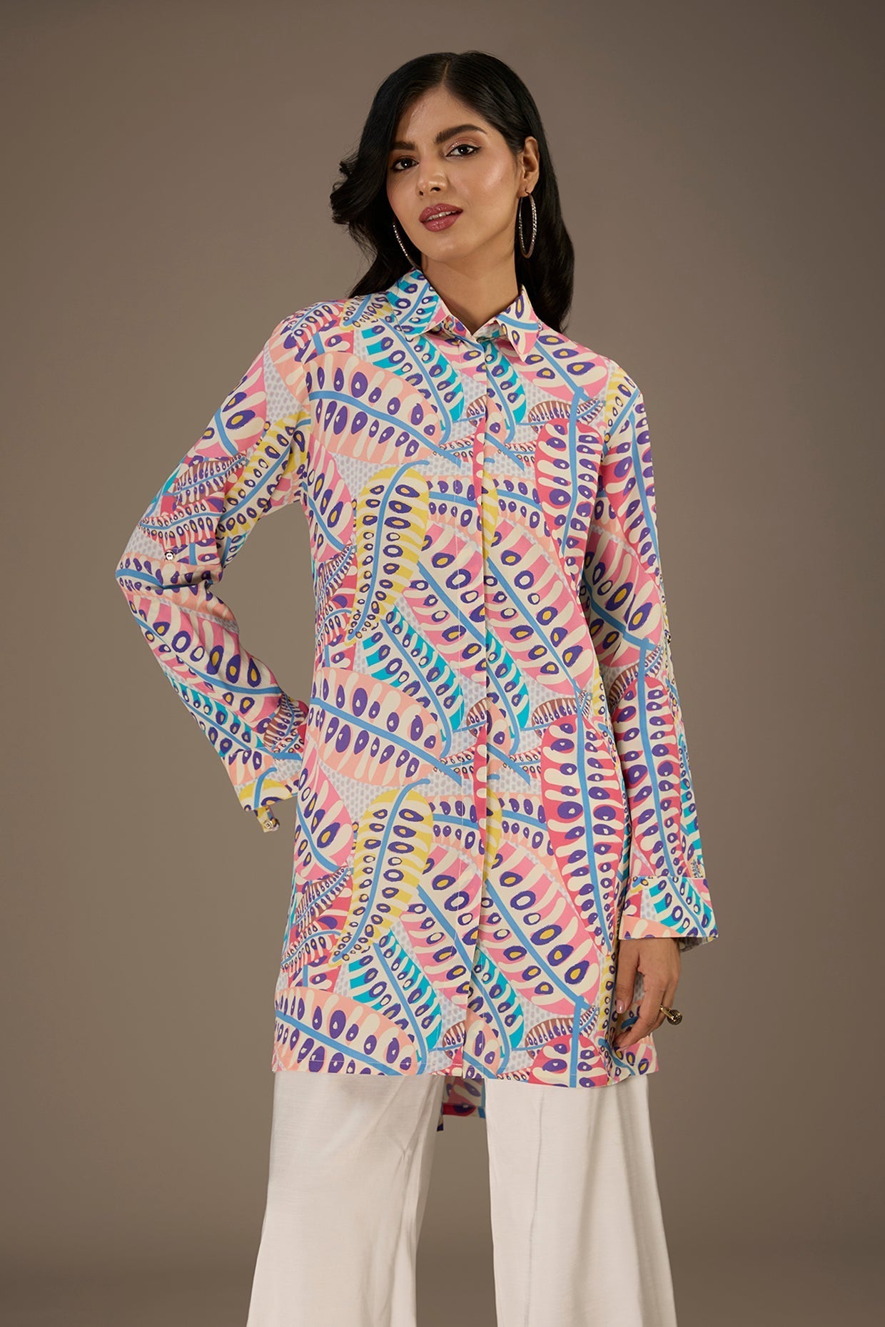 Blue Printed Roll-Up Sleeve Shirt Dress
