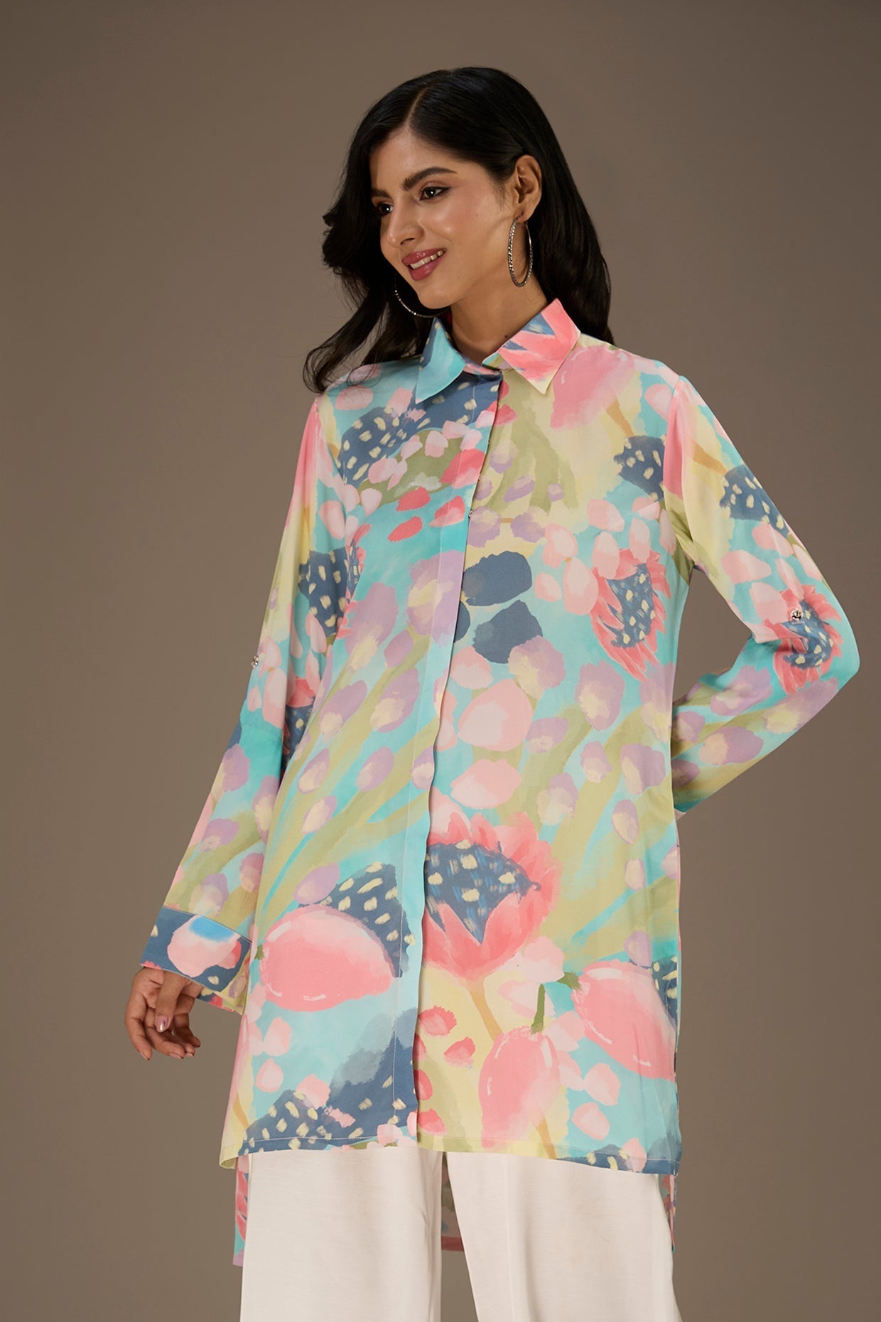 Euphoria Printed Roll-Up Sleeve Shirt Dress