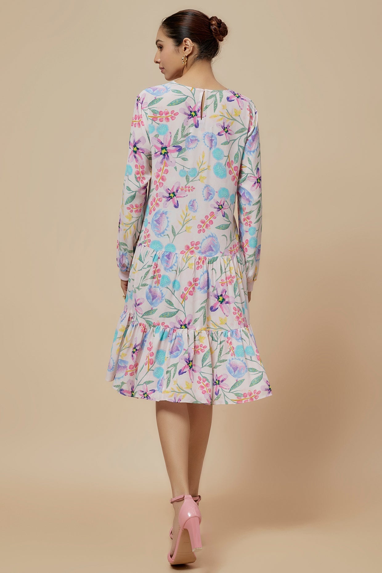 Baby Pink Cream Printed Crepe Frill Hem Tunic