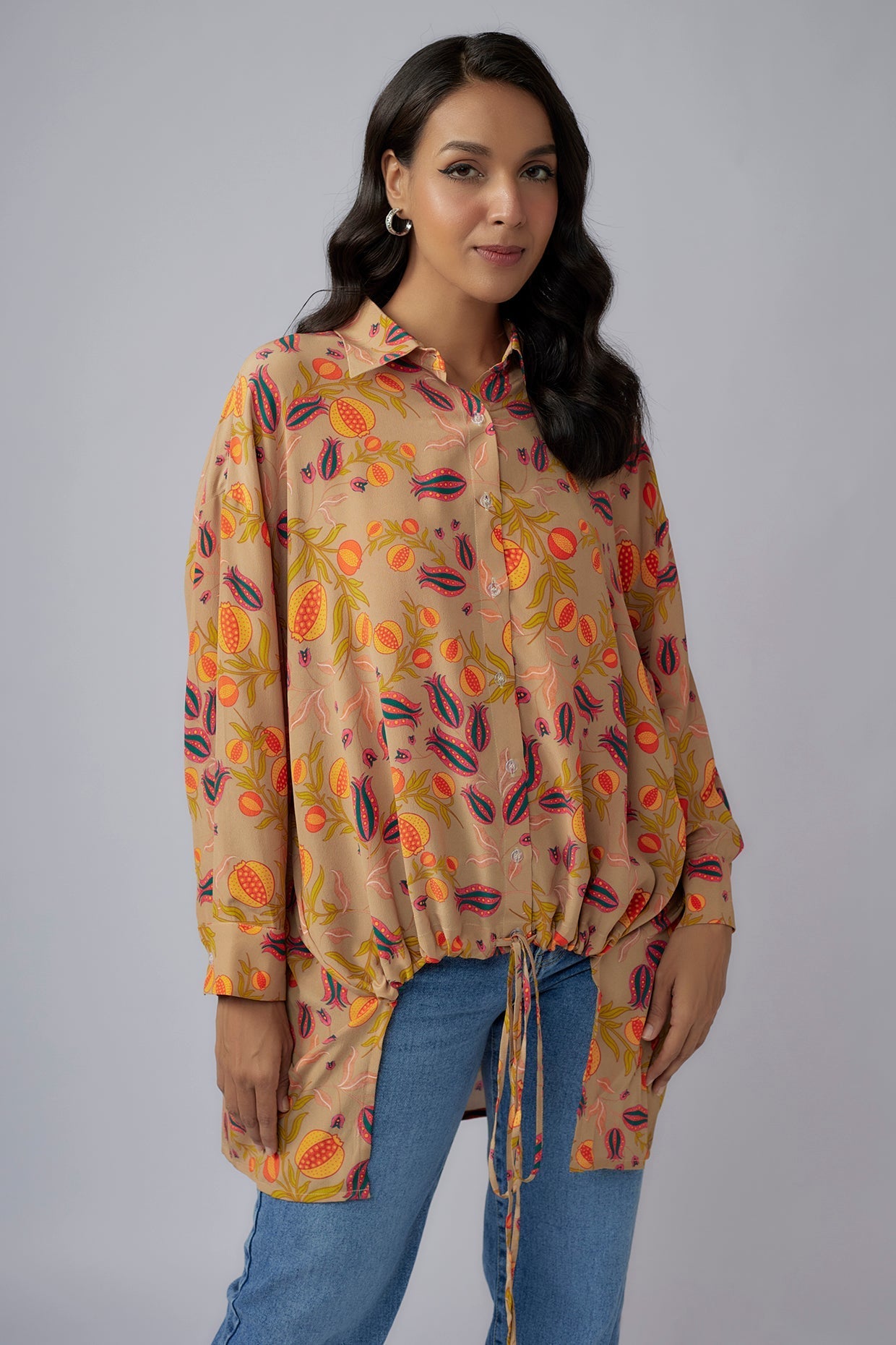 Brown Printed Crepe Shirt Tunic