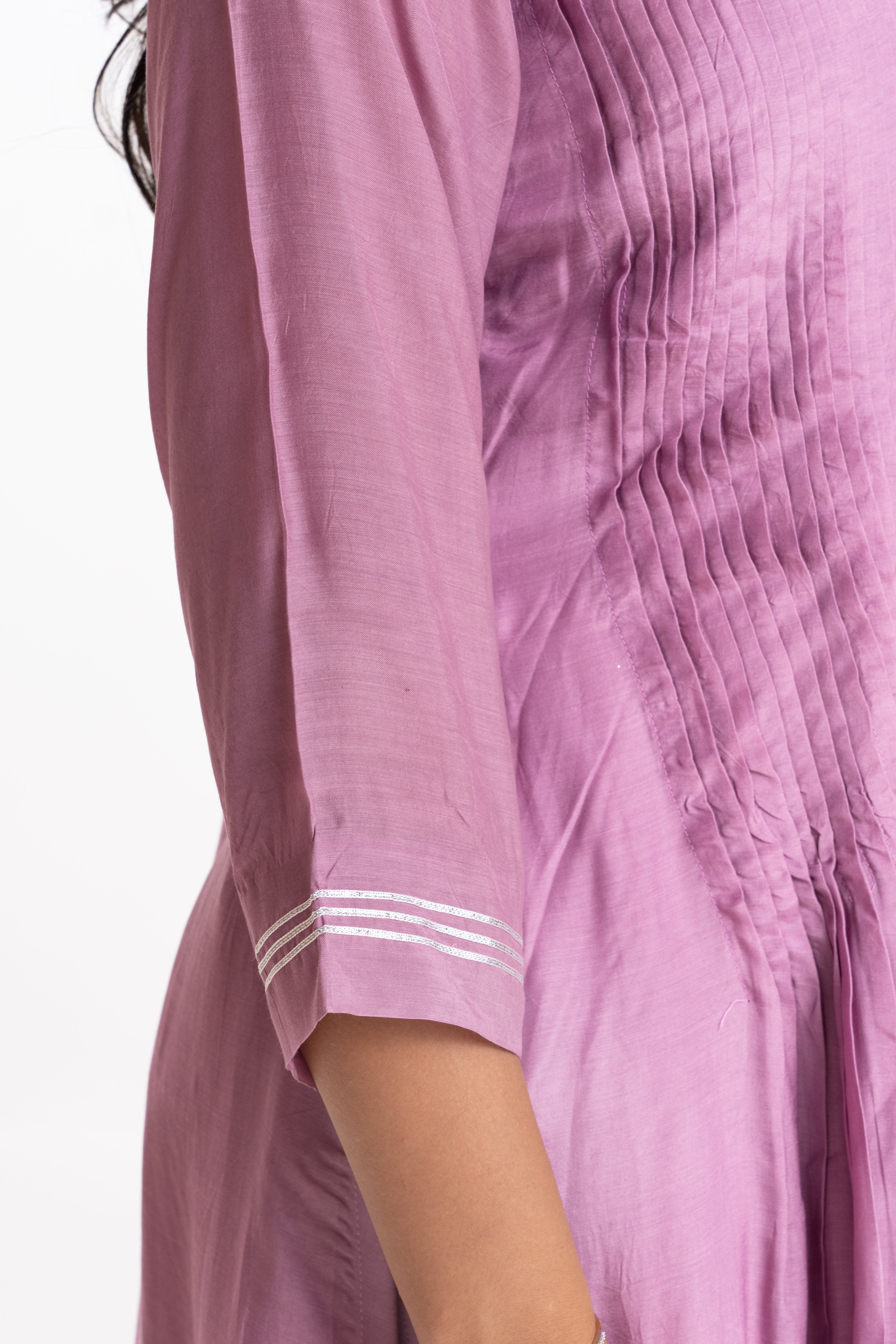 PURPLE MUSLIN PLEATED KURTA SET
