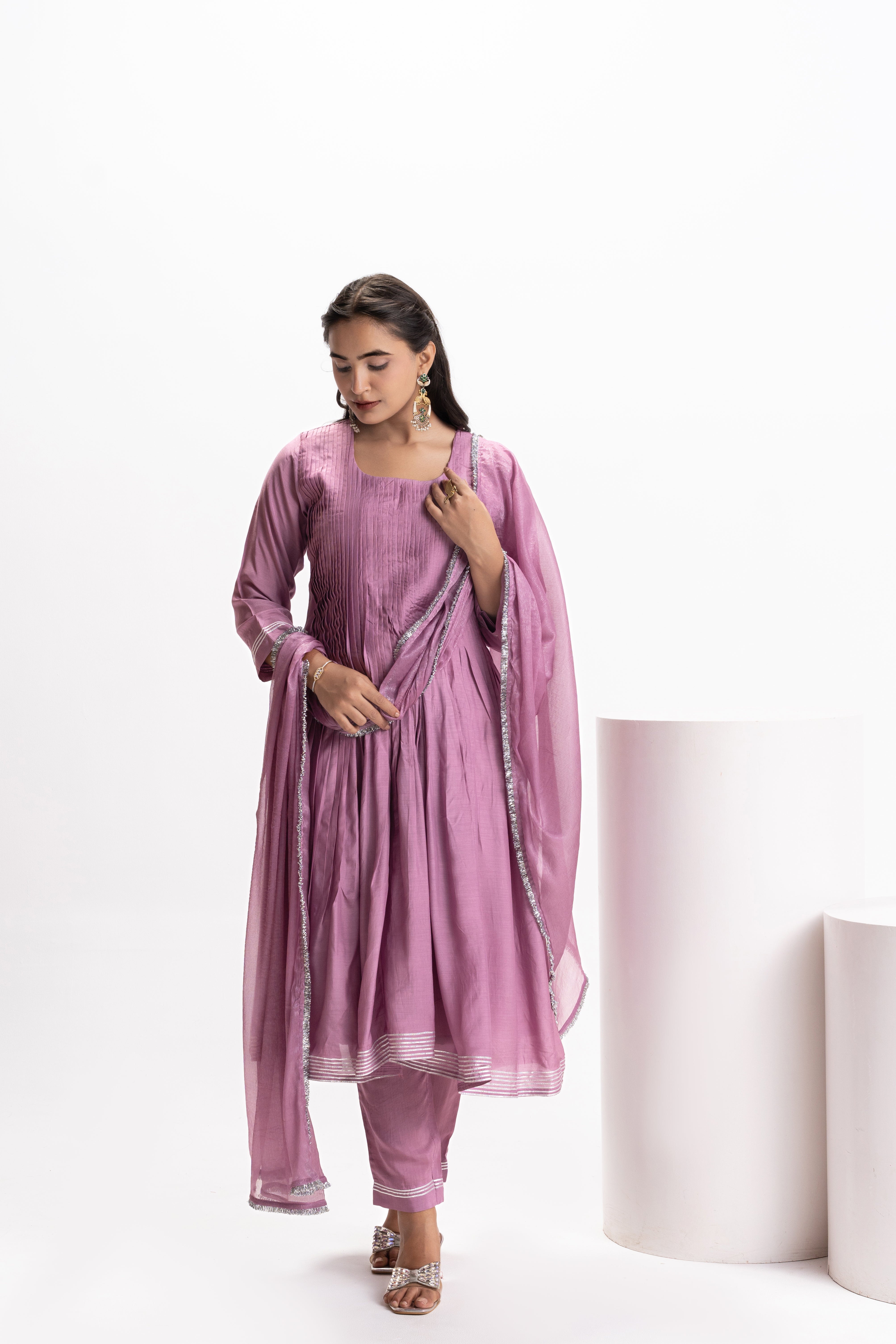 PURPLE MUSLIN PLEATED KURTA SET