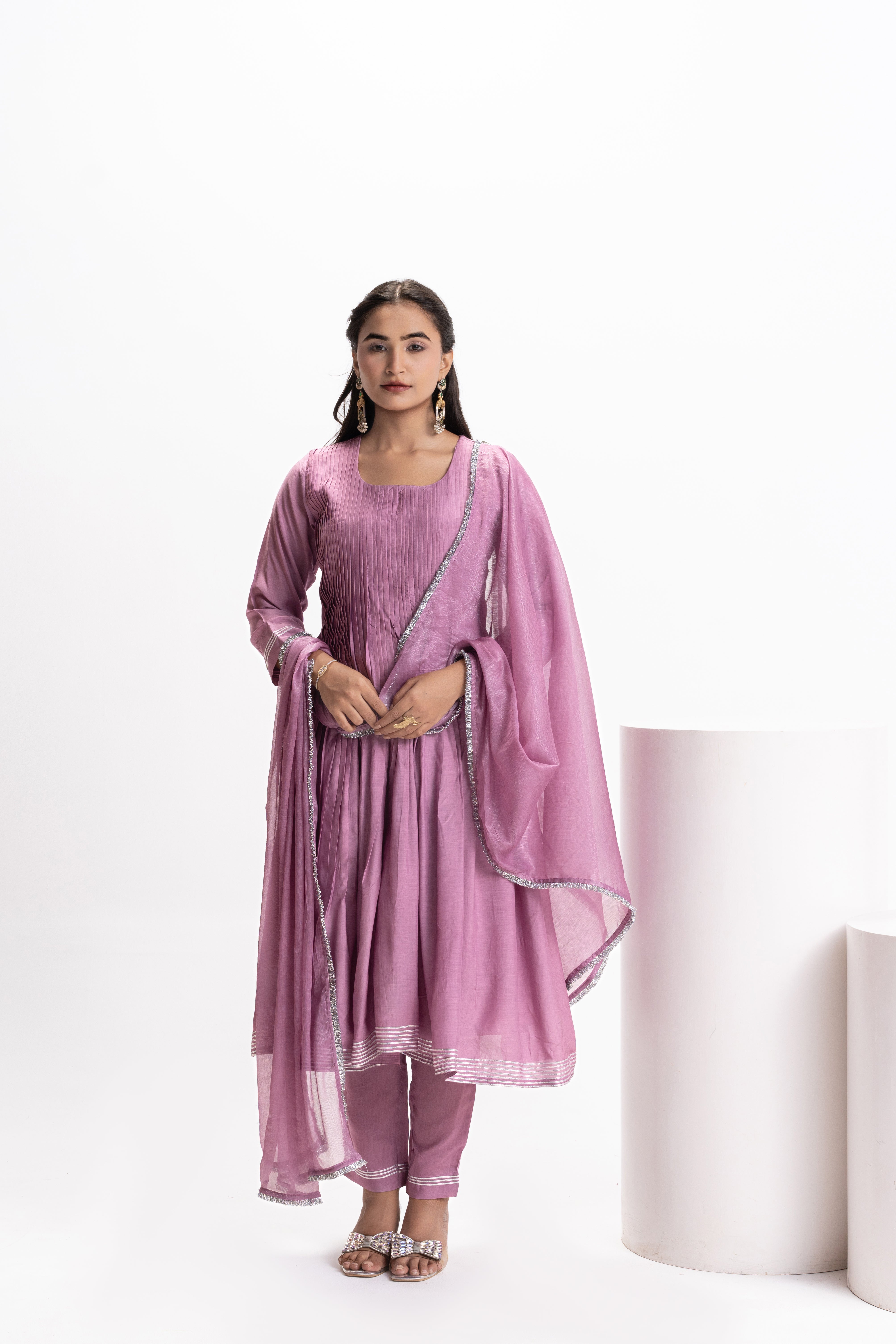 PURPLE MUSLIN PLEATED KURTA SET