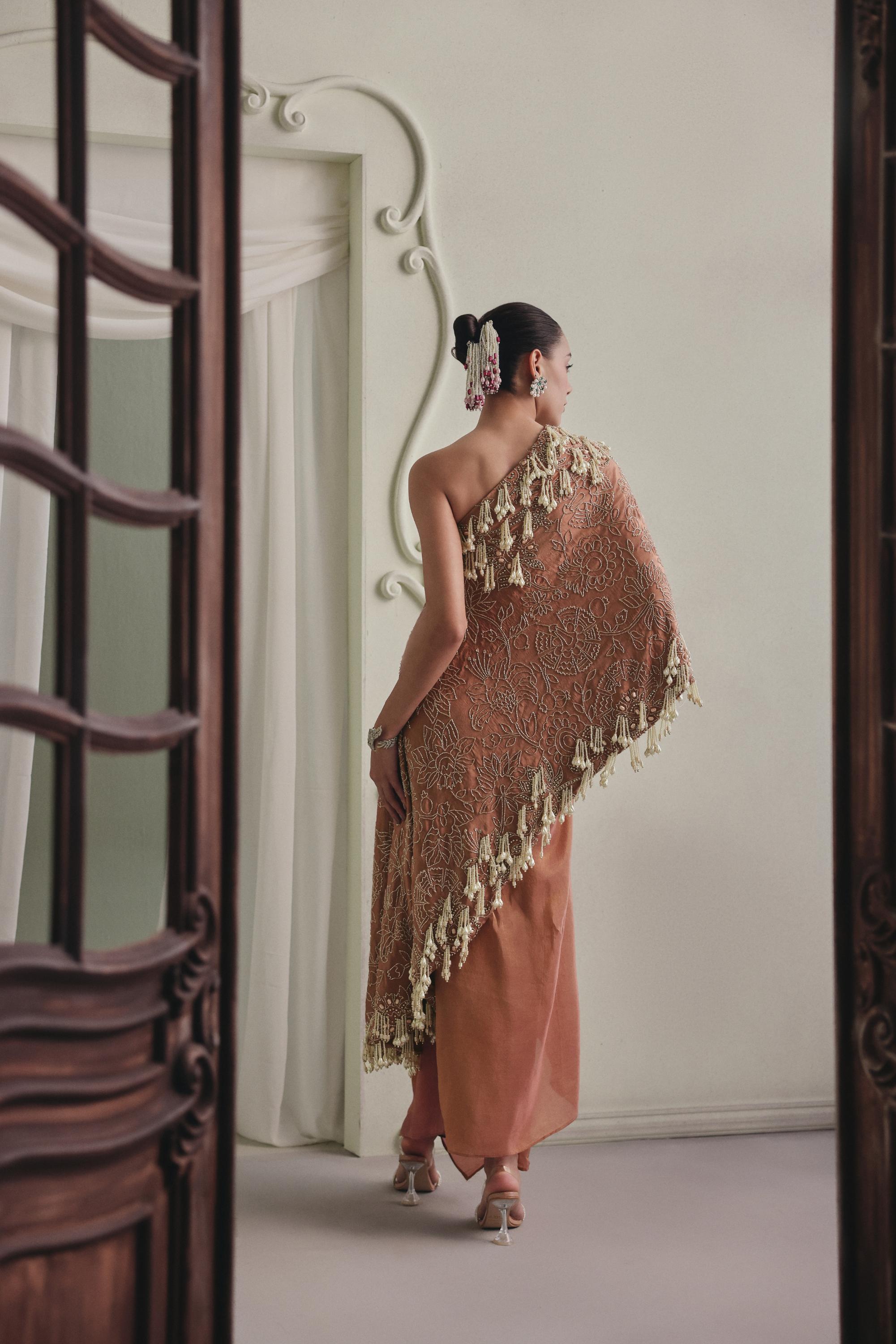 Pearl Drape One-Shoulder Set