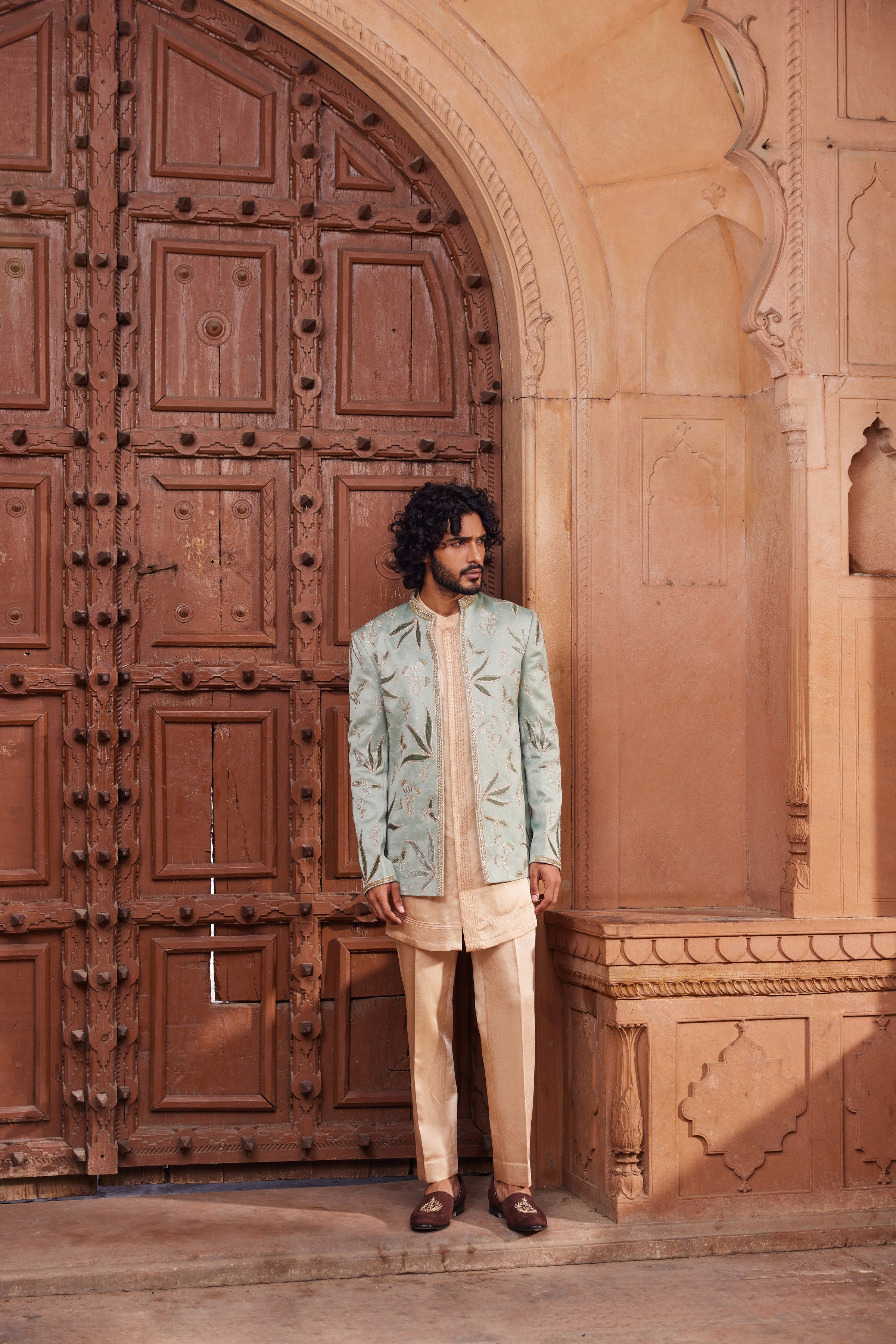 Sage Velvet Patch Jacket Set