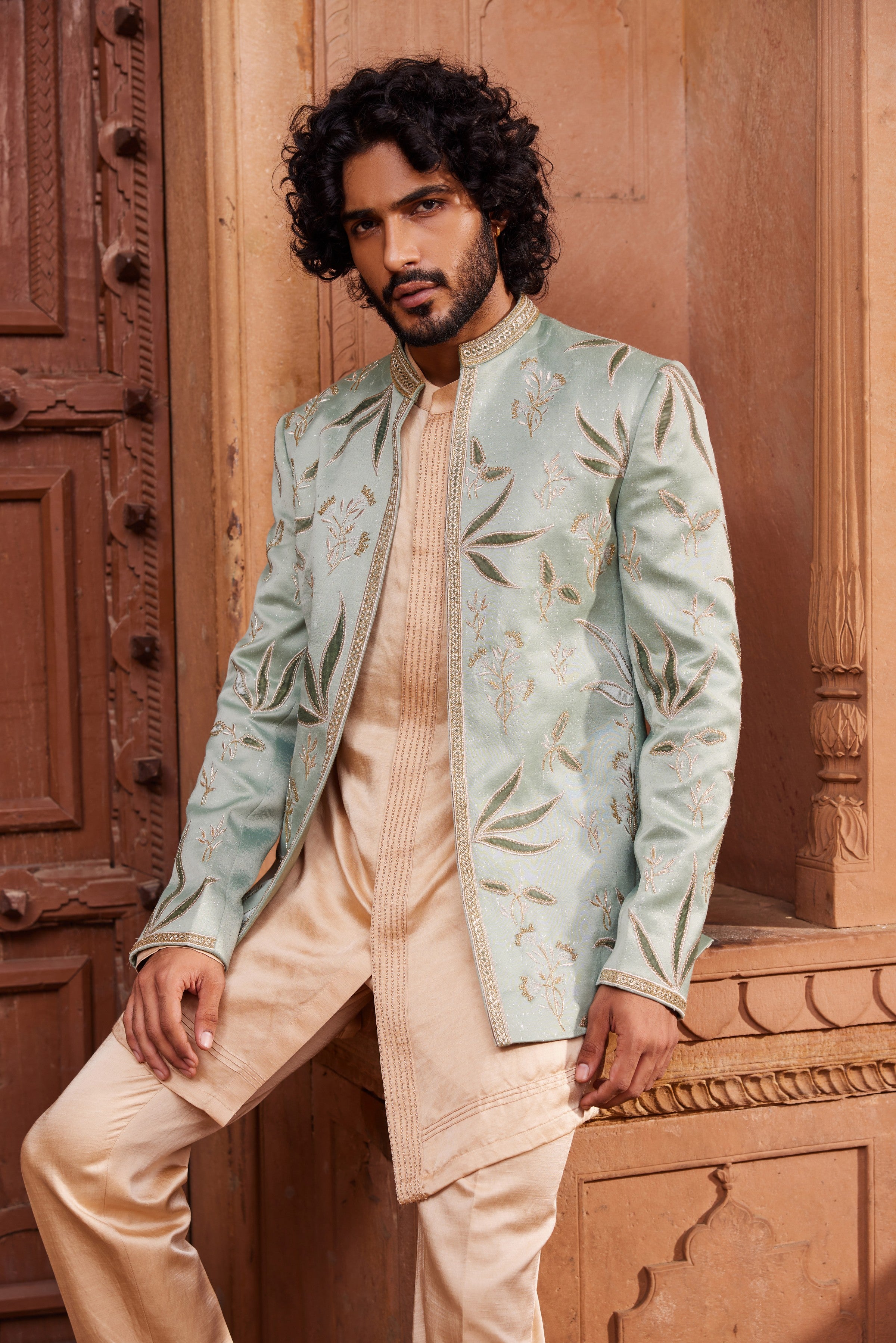 Sage Velvet Patch Jacket Set