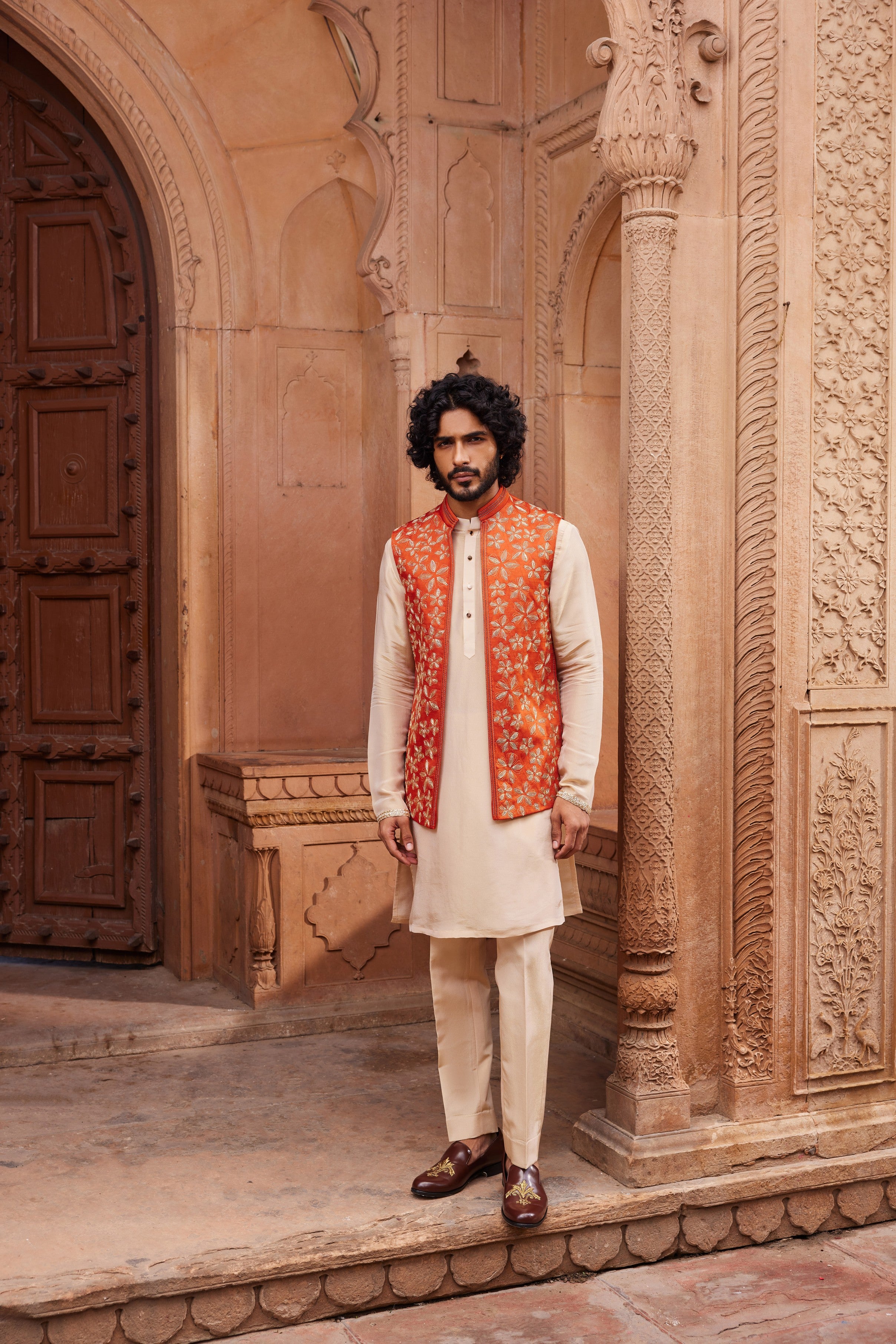 Rust Floral Nehru Jacket Set
