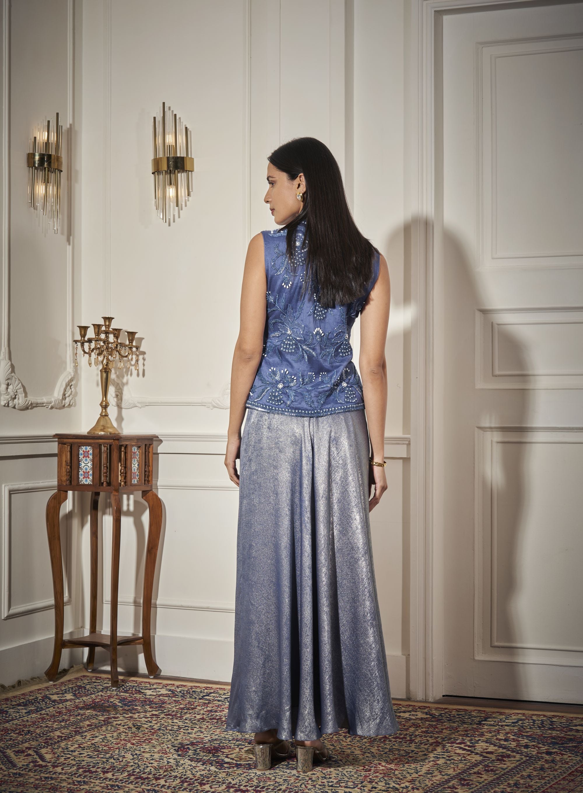 Draped Skirt, Embroidered Waistcoat