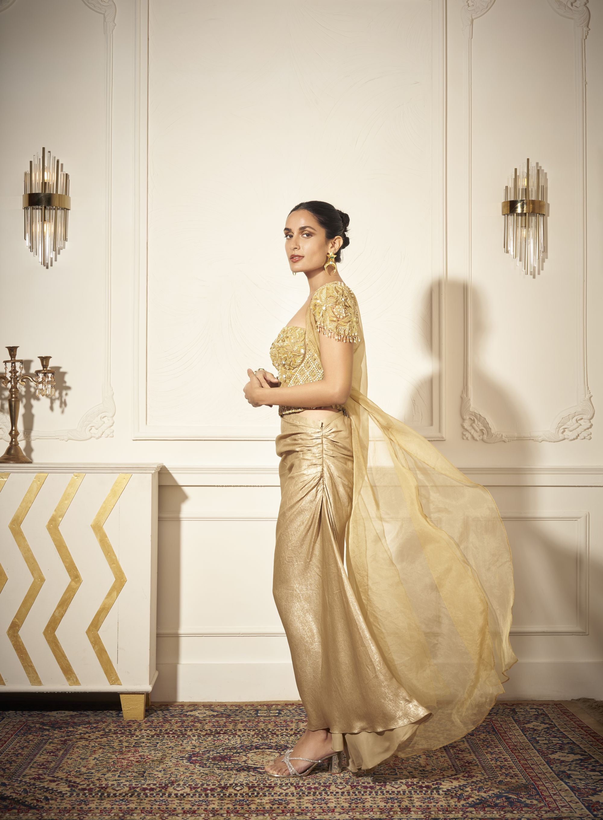 Side Draped Skirt, Embroidered Corset, Long Cape