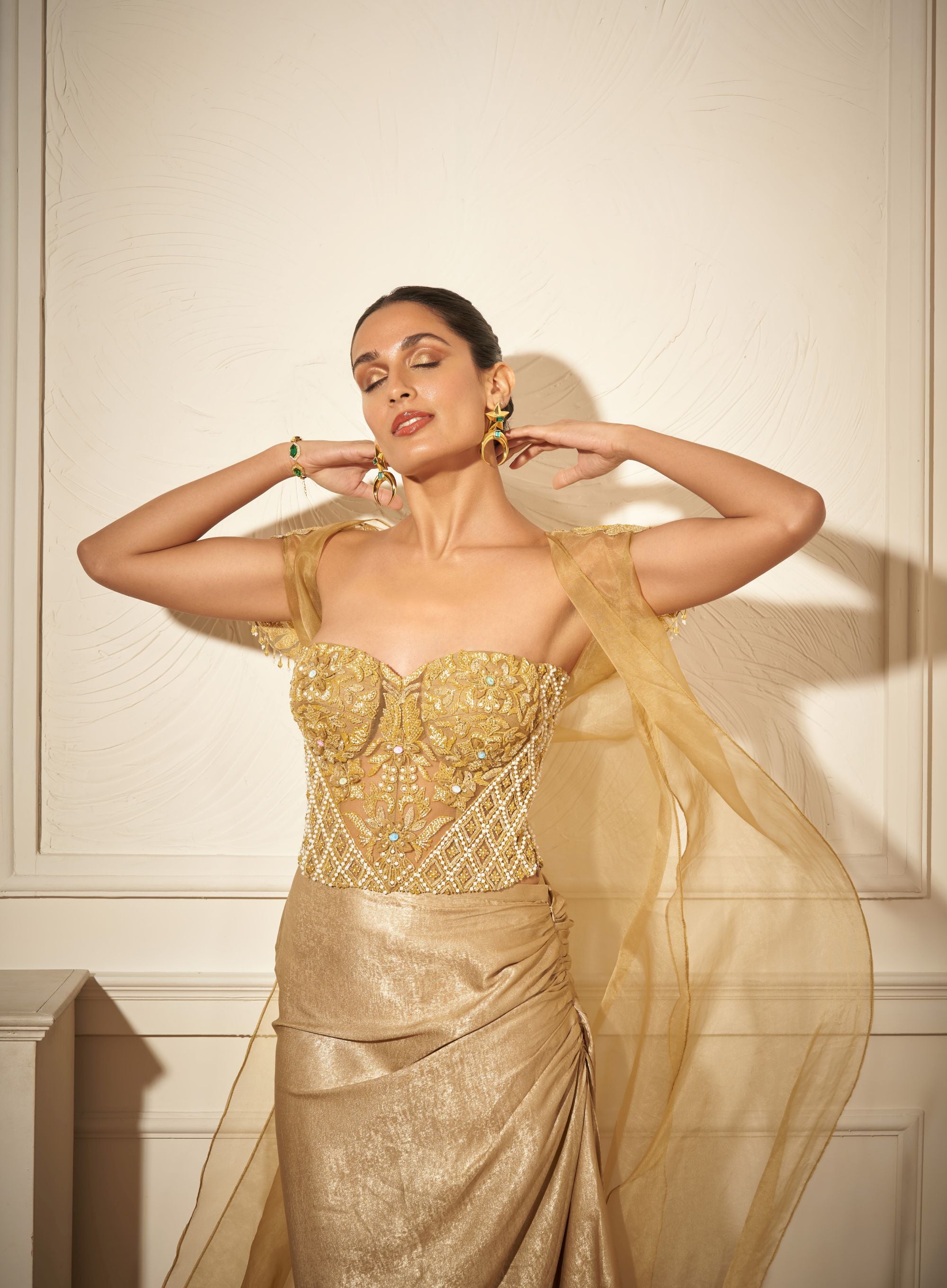 Side Draped Skirt, Embroidered Corset, Long Cape