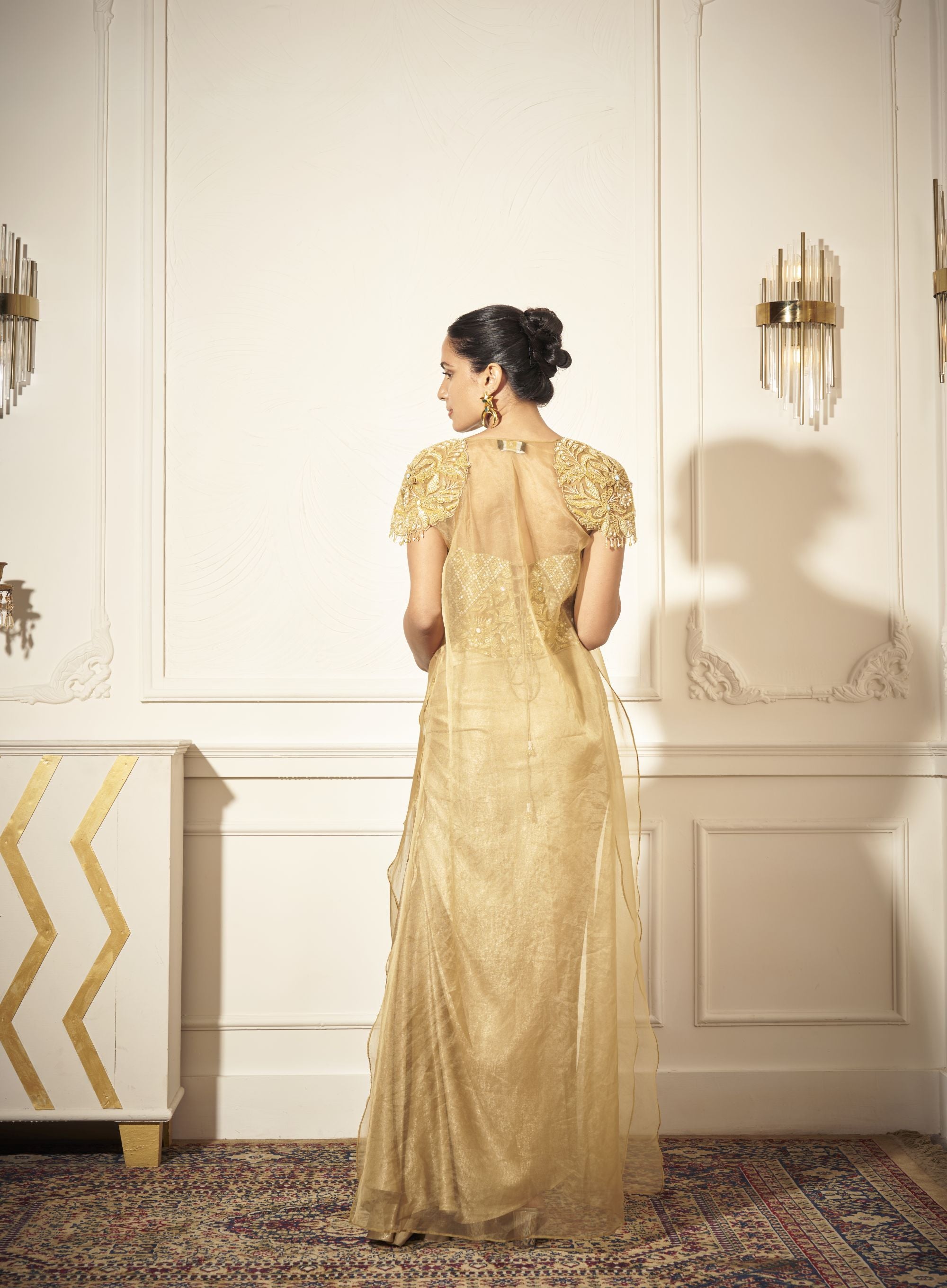 Side Draped Skirt, Embroidered Corset, Long Cape