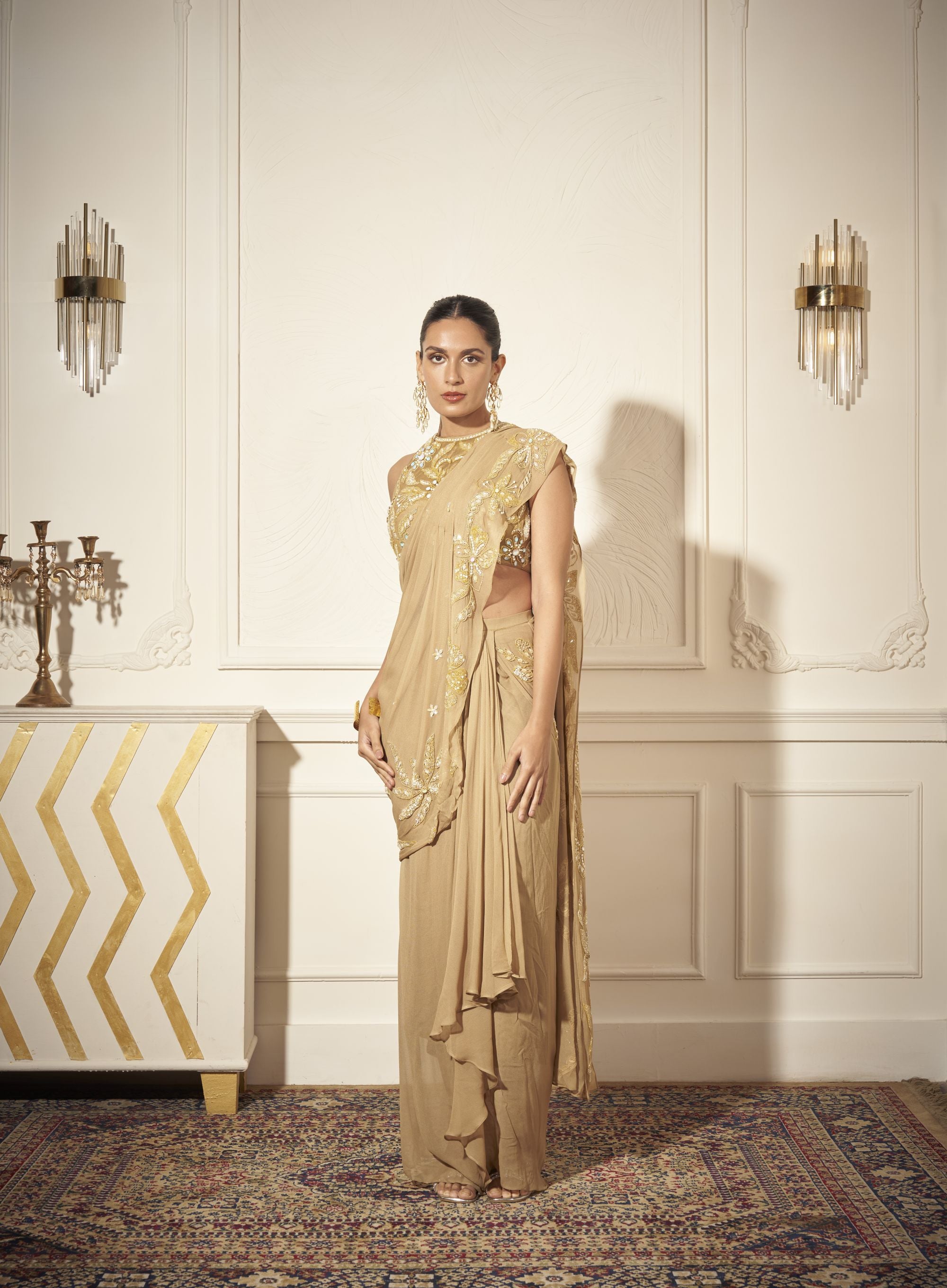 Applique draped Saree, Embroidered Blouse