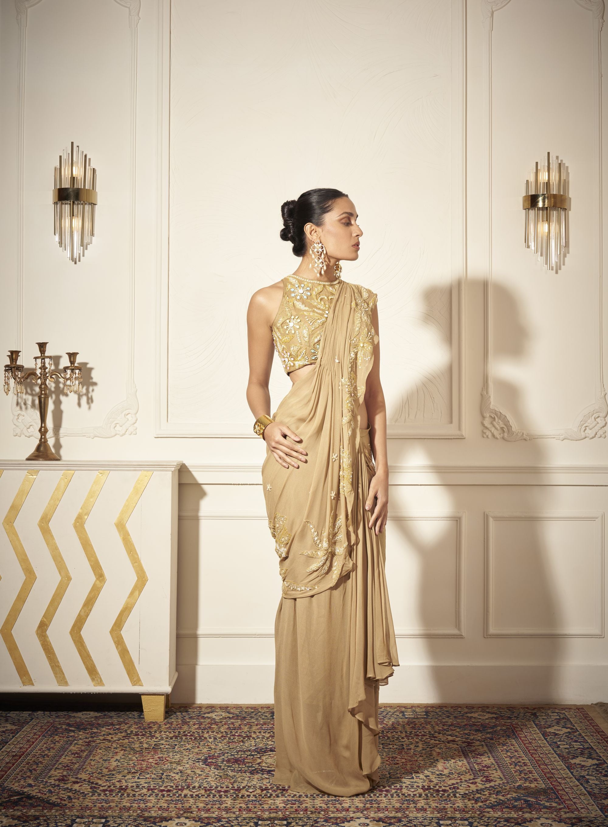 Applique draped Saree, Embroidered Blouse