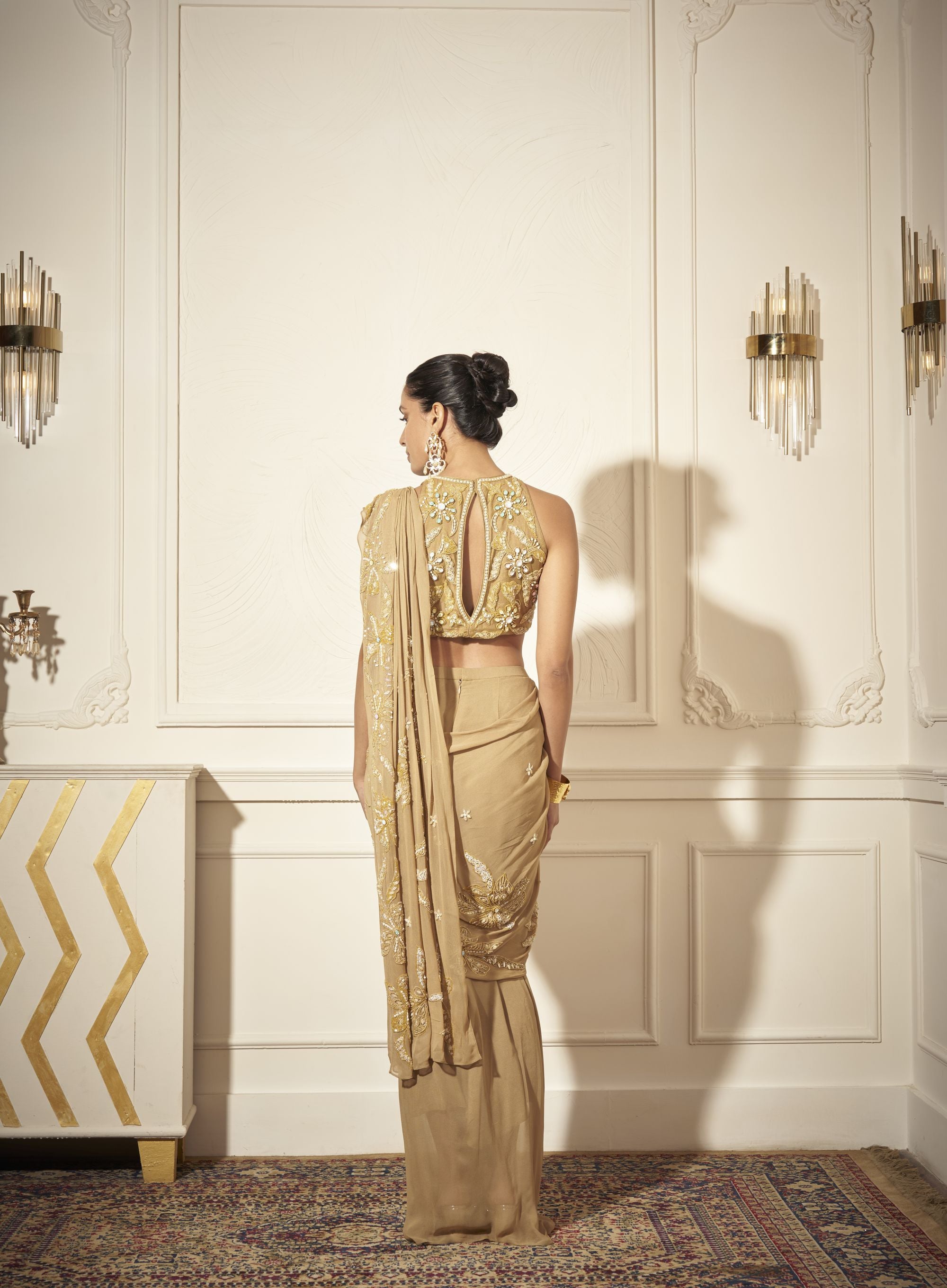 Applique draped Saree, Embroidered Blouse