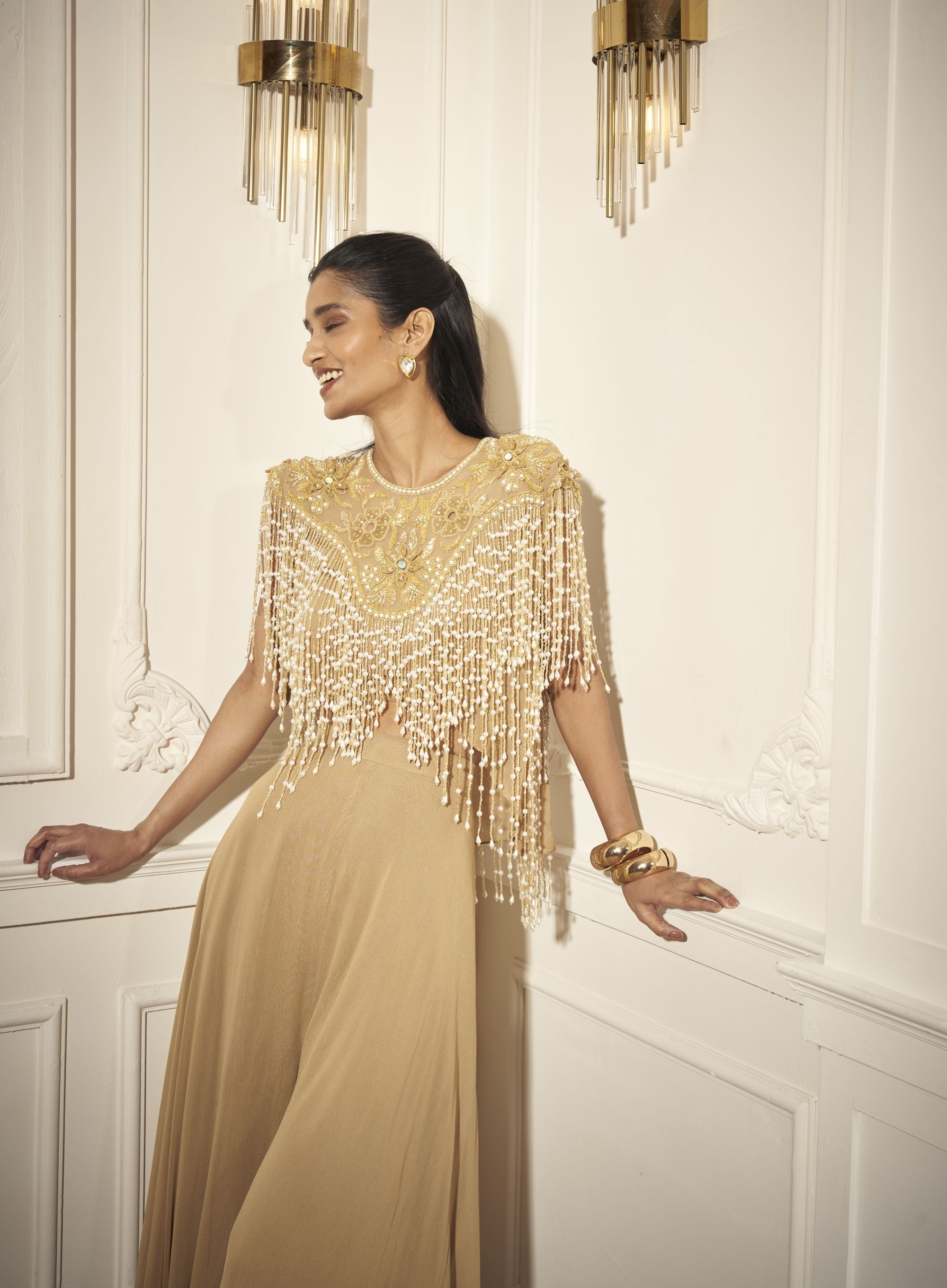 Flare Palazzos, Heavy tasseled high- low Top