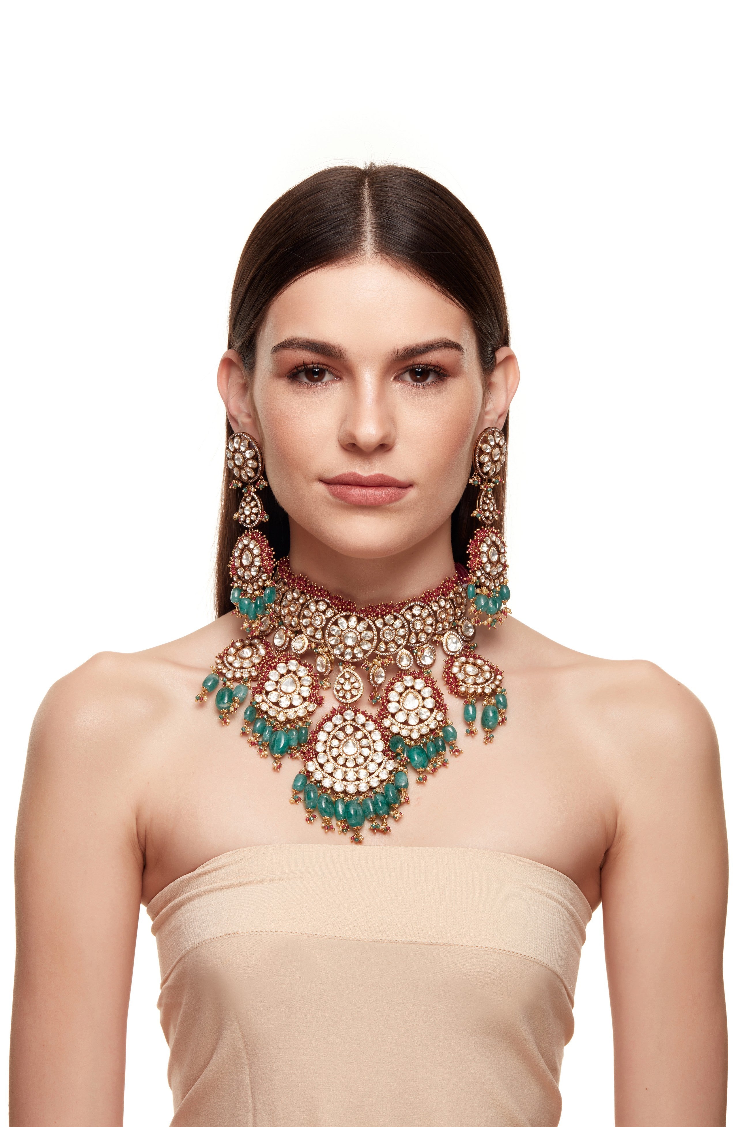 Pink And Green Open Polki Bridal Set