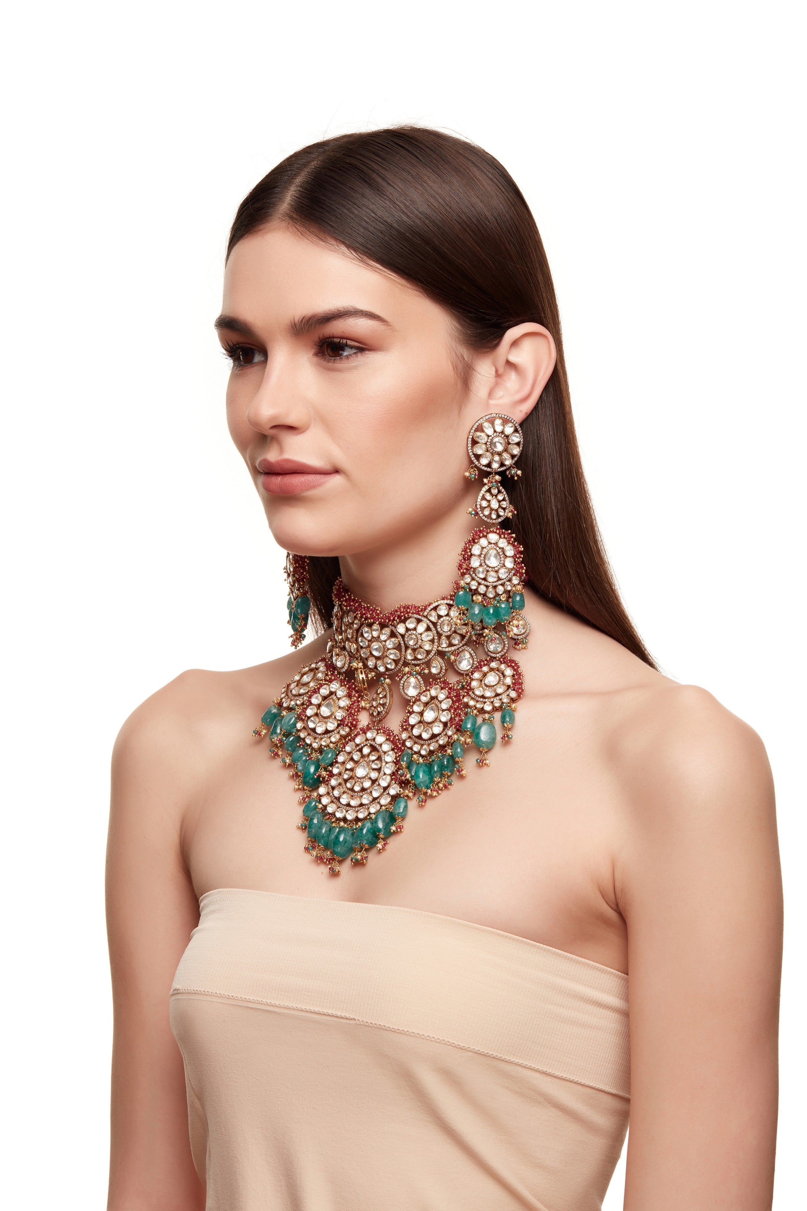 Pink And Green Open Polki Bridal Set