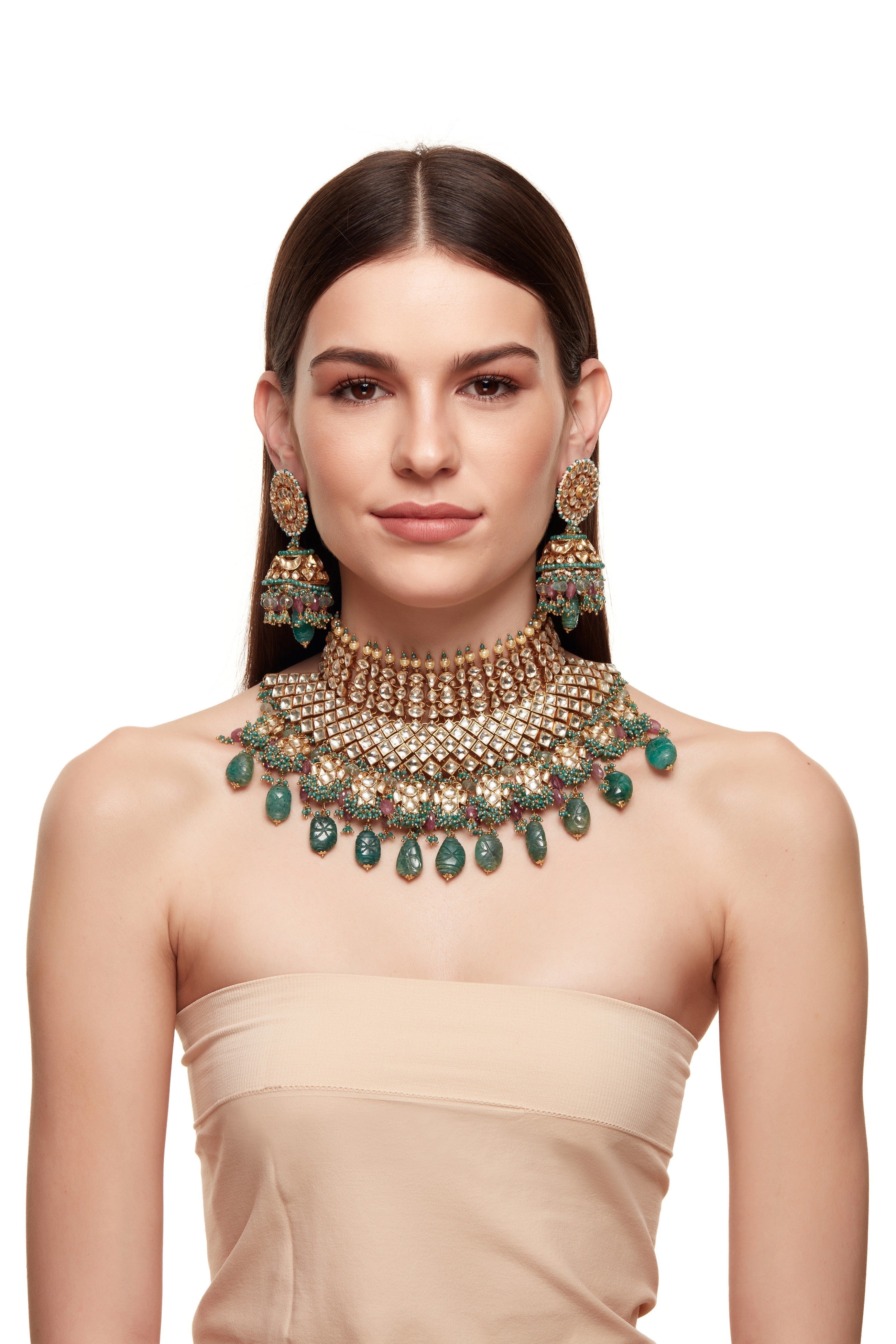 Green Kundan Bridal jaal Set with Carved Emeralds