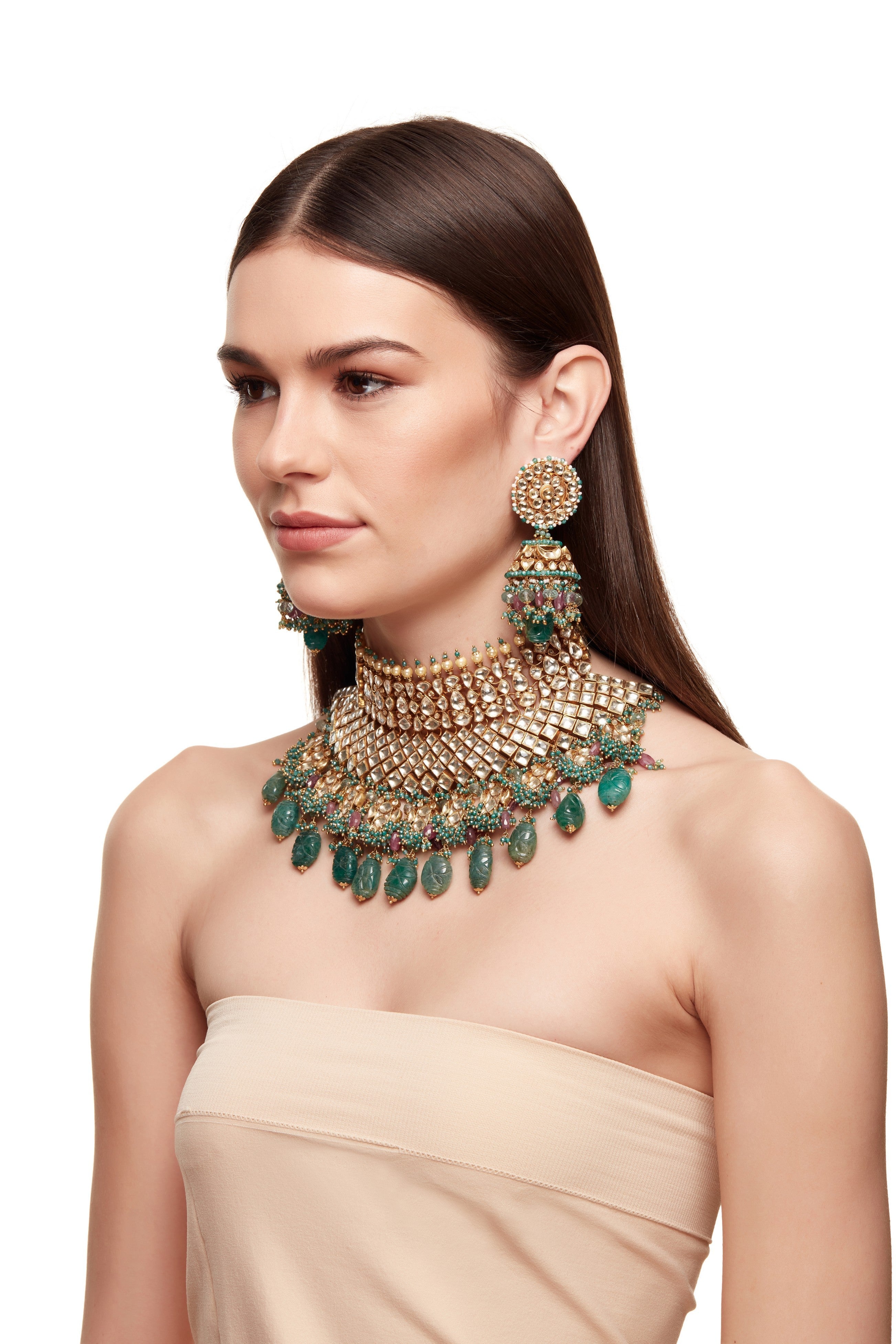 Green Kundan Bridal jaal Set with Carved Emeralds