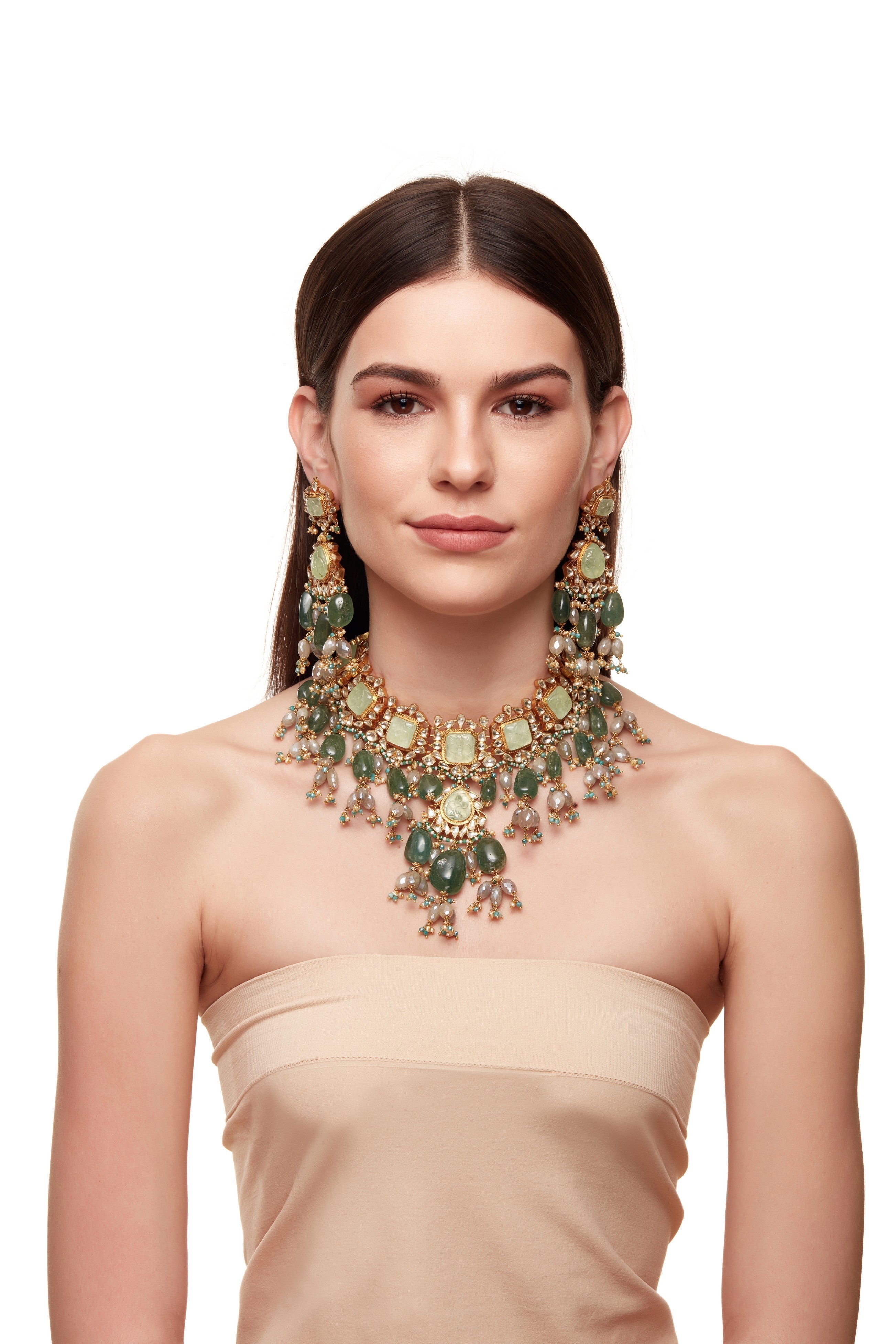 Carved Russian Green Beryl and Kundan set