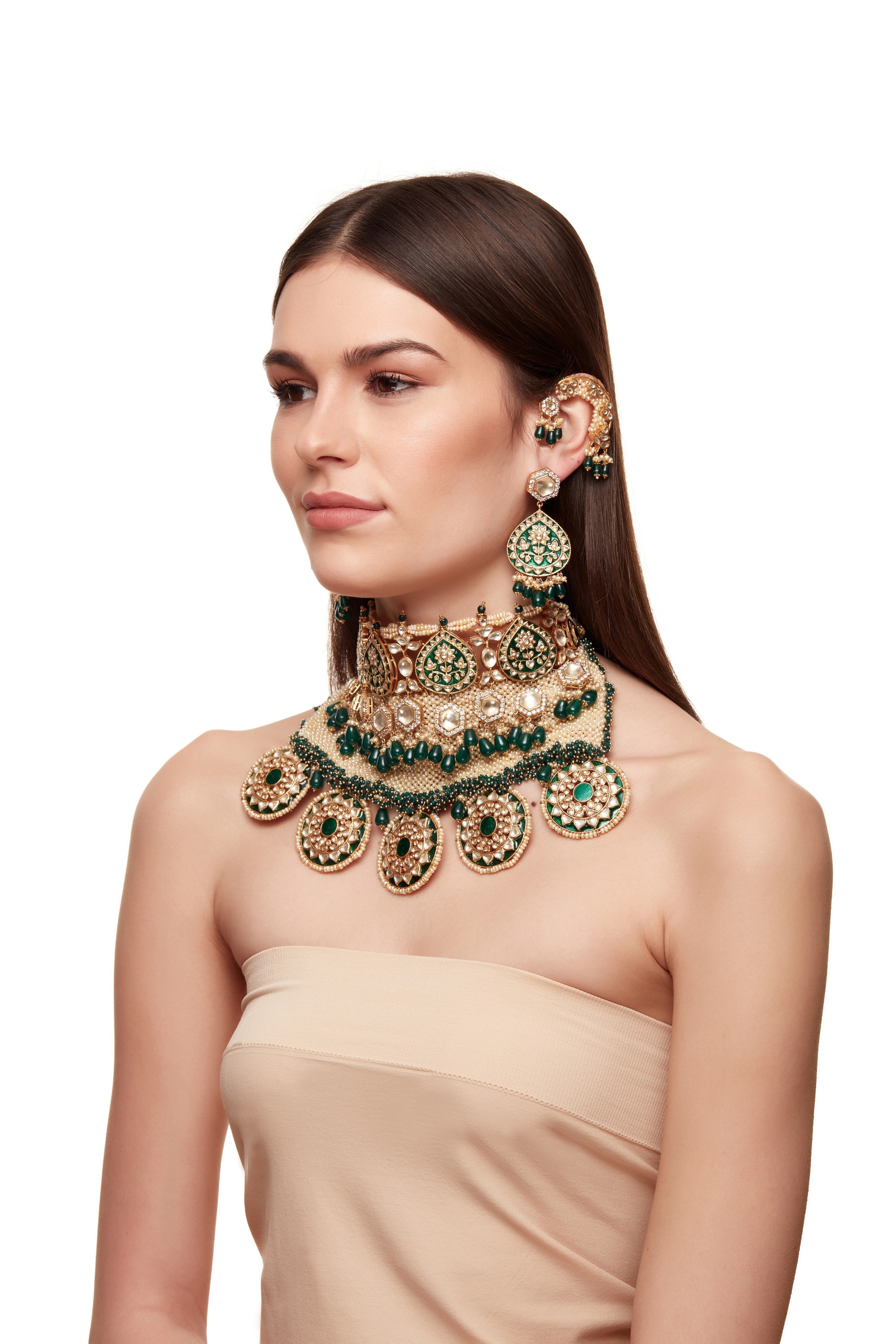 Green Meenakari and Pearl Jaal Bridal Set
