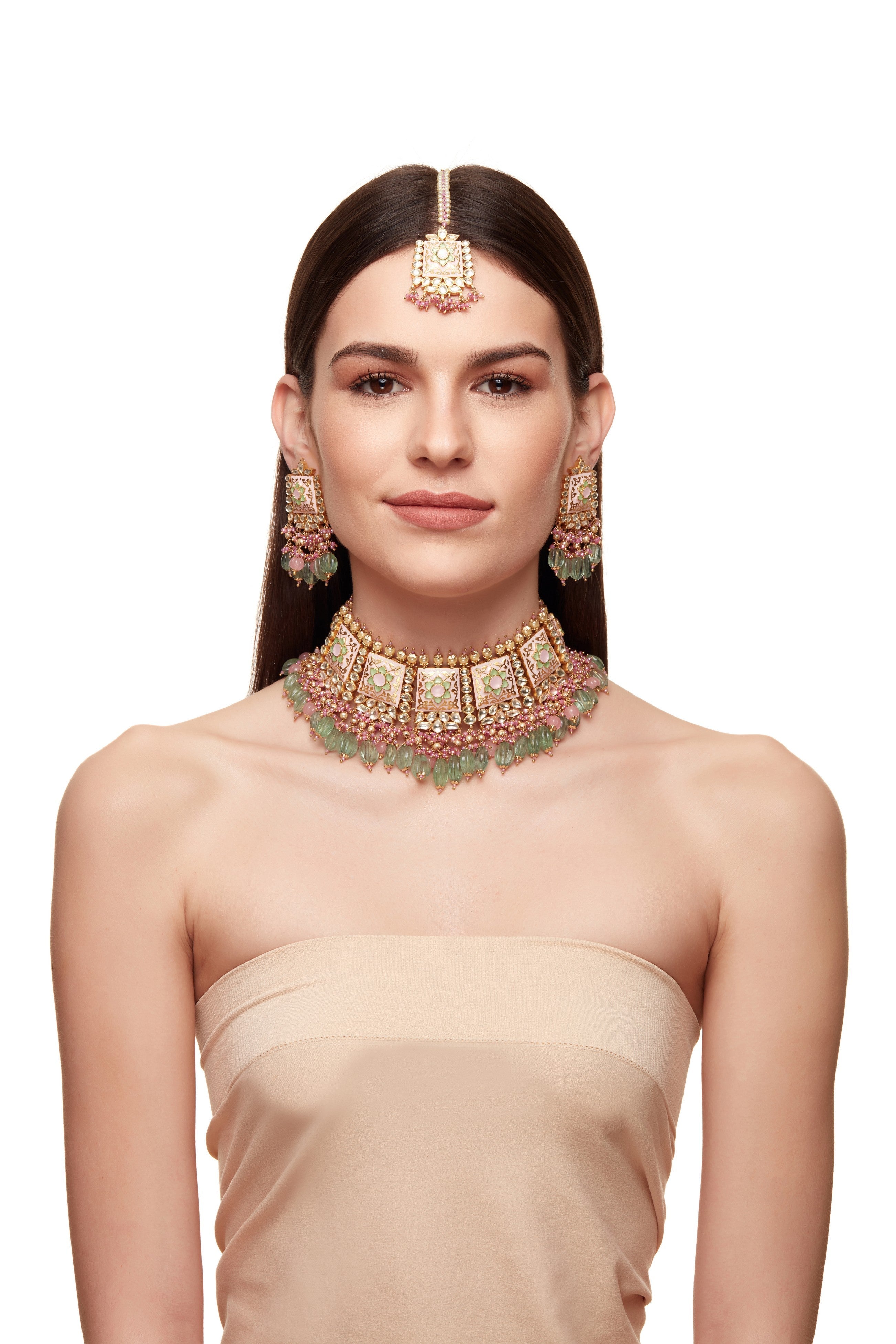 Baby Pink Meenakari Choker Set with tikka
