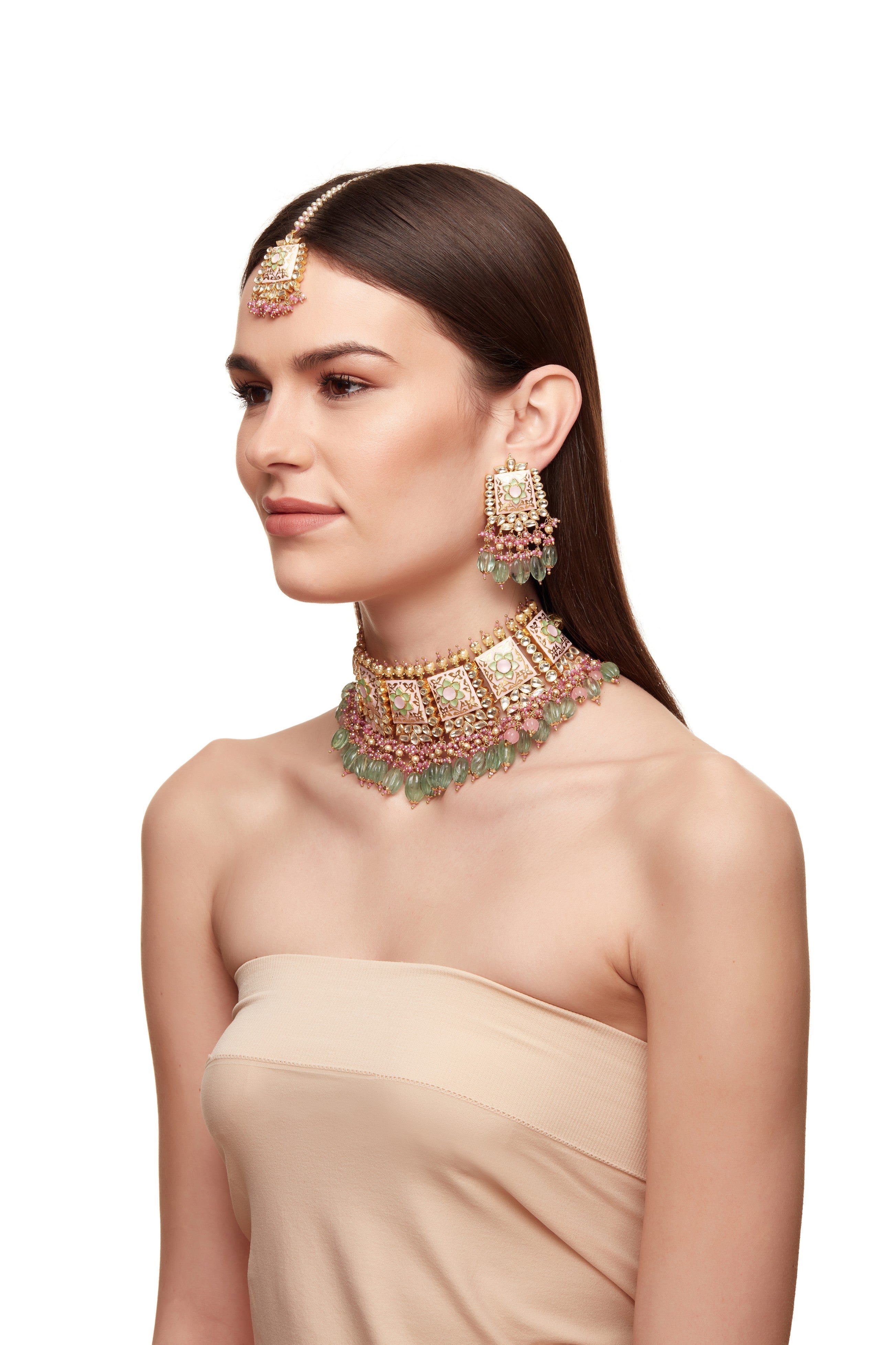 Baby Pink Meenakari Choker Set with tikka
