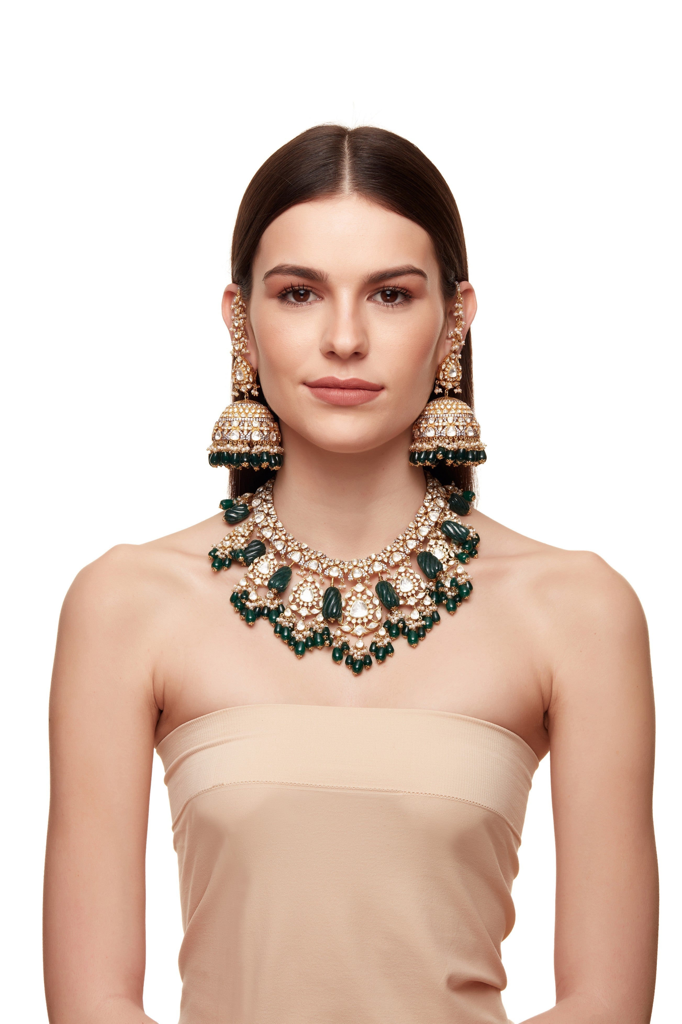 Tulip Open Polki Set With carved Green emeralds