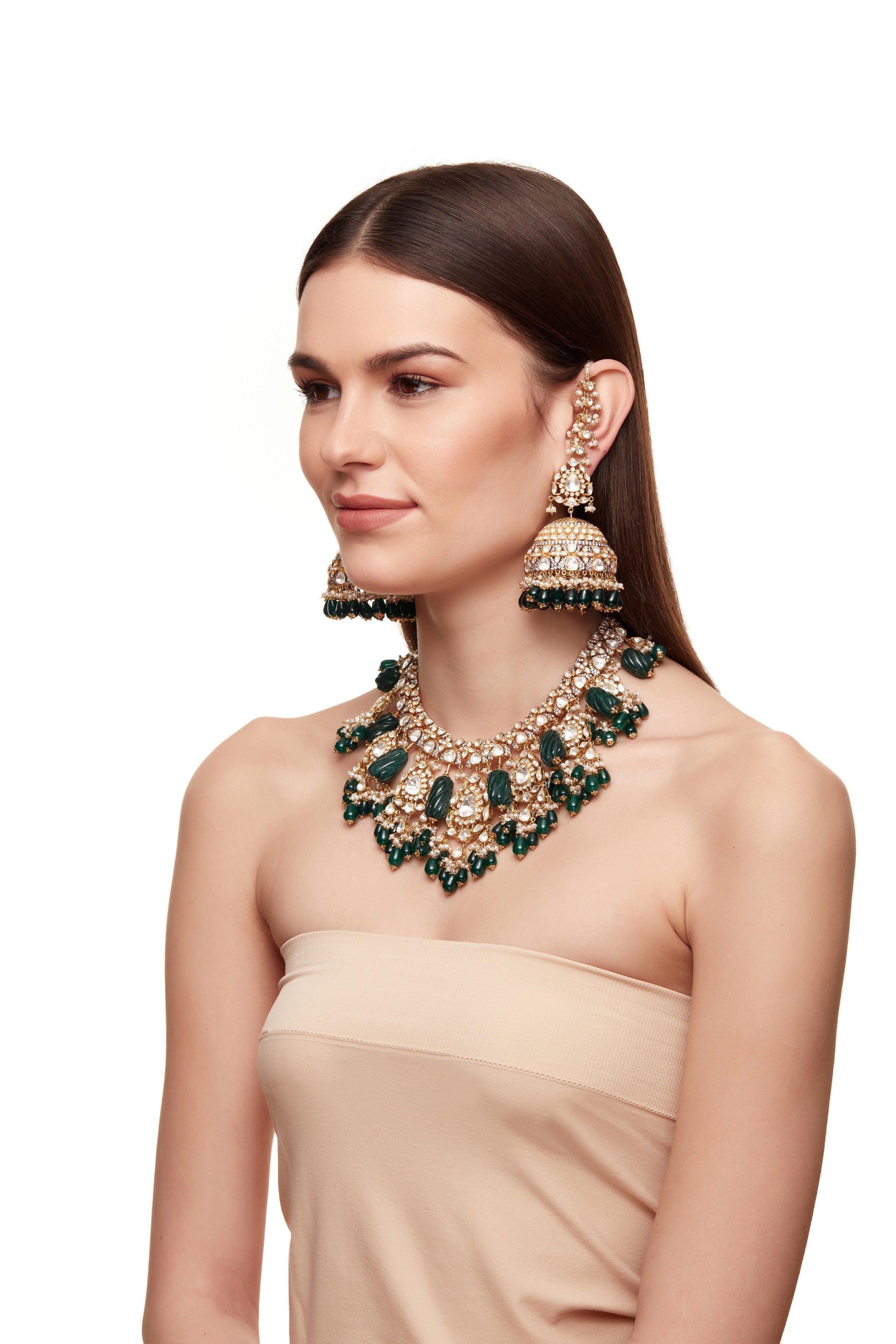 Tulip Open Polki Set With carved Green emeralds