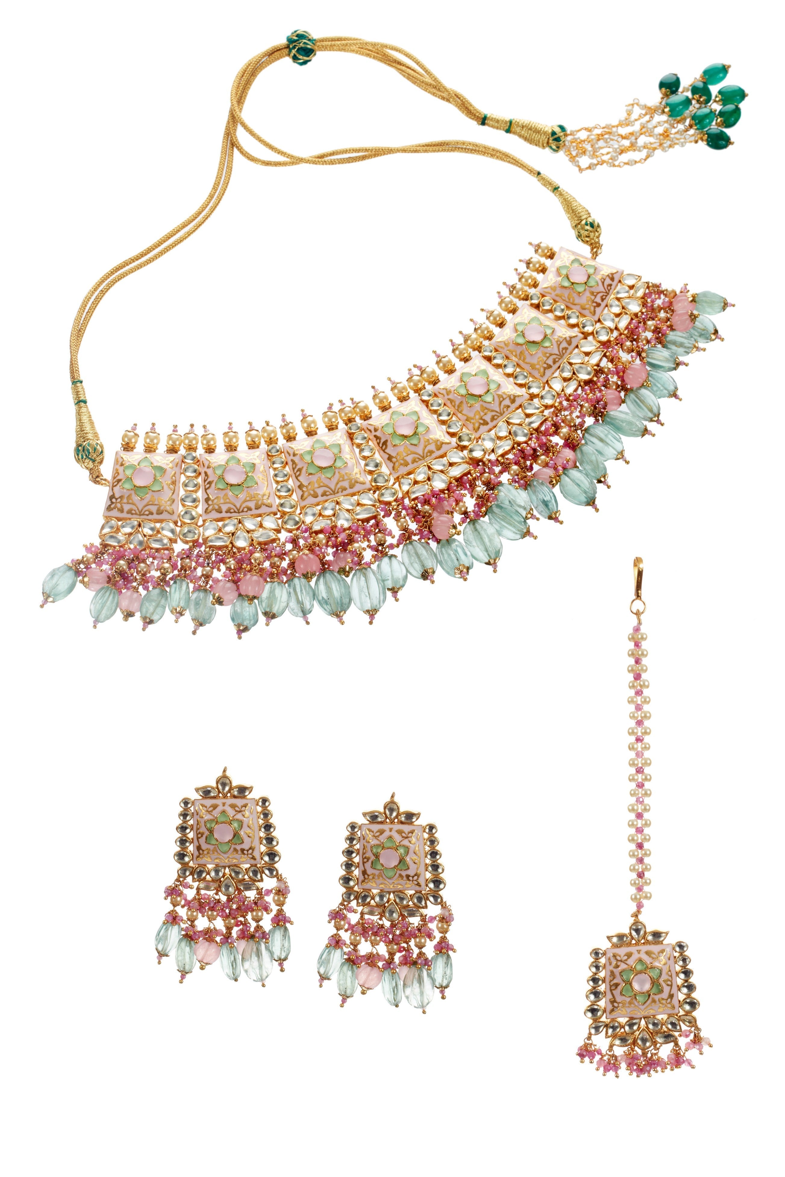 Baby Pink Meenakari Choker Set with tikka