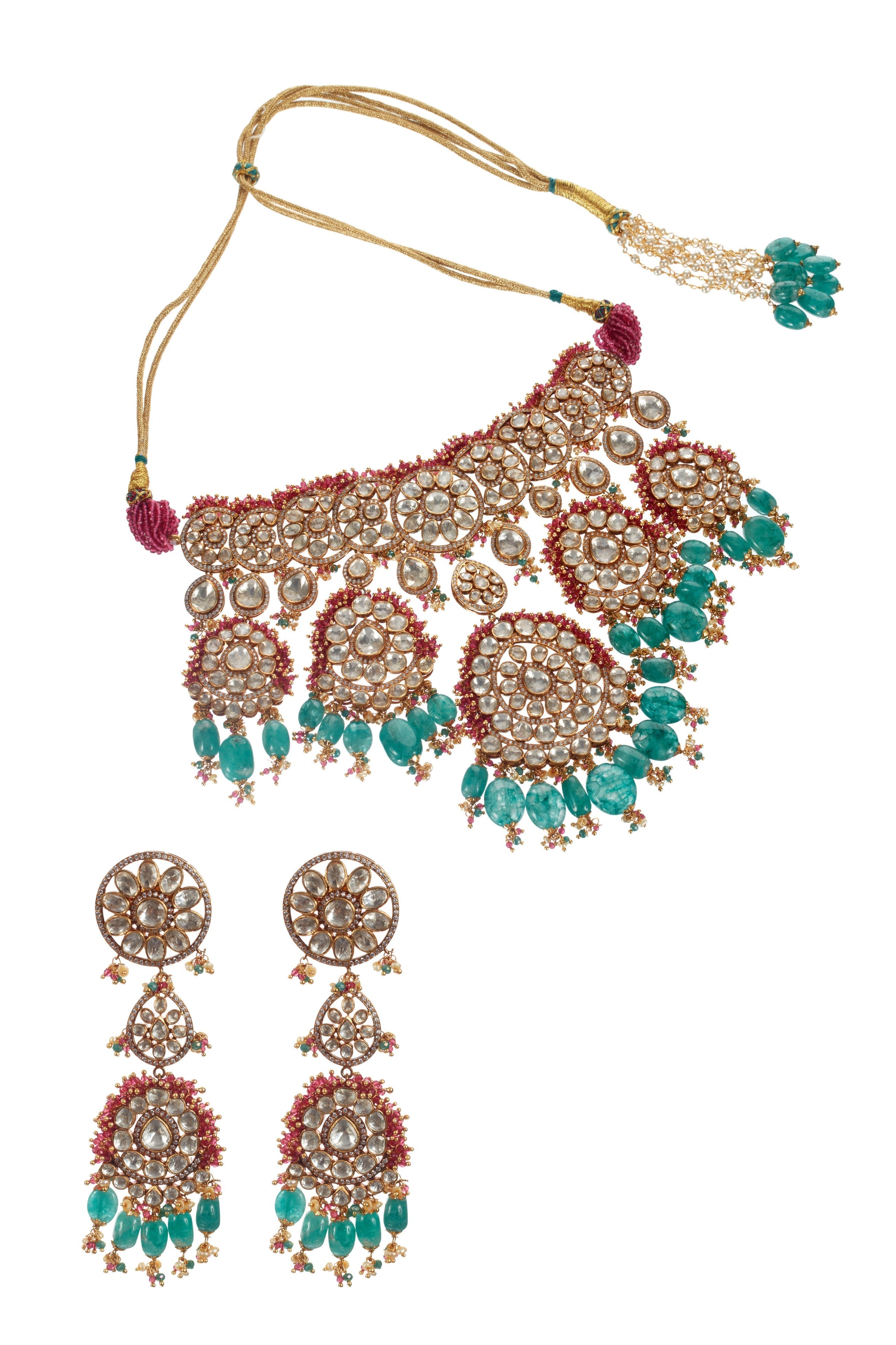 Pink And Green Open Polki Bridal Set