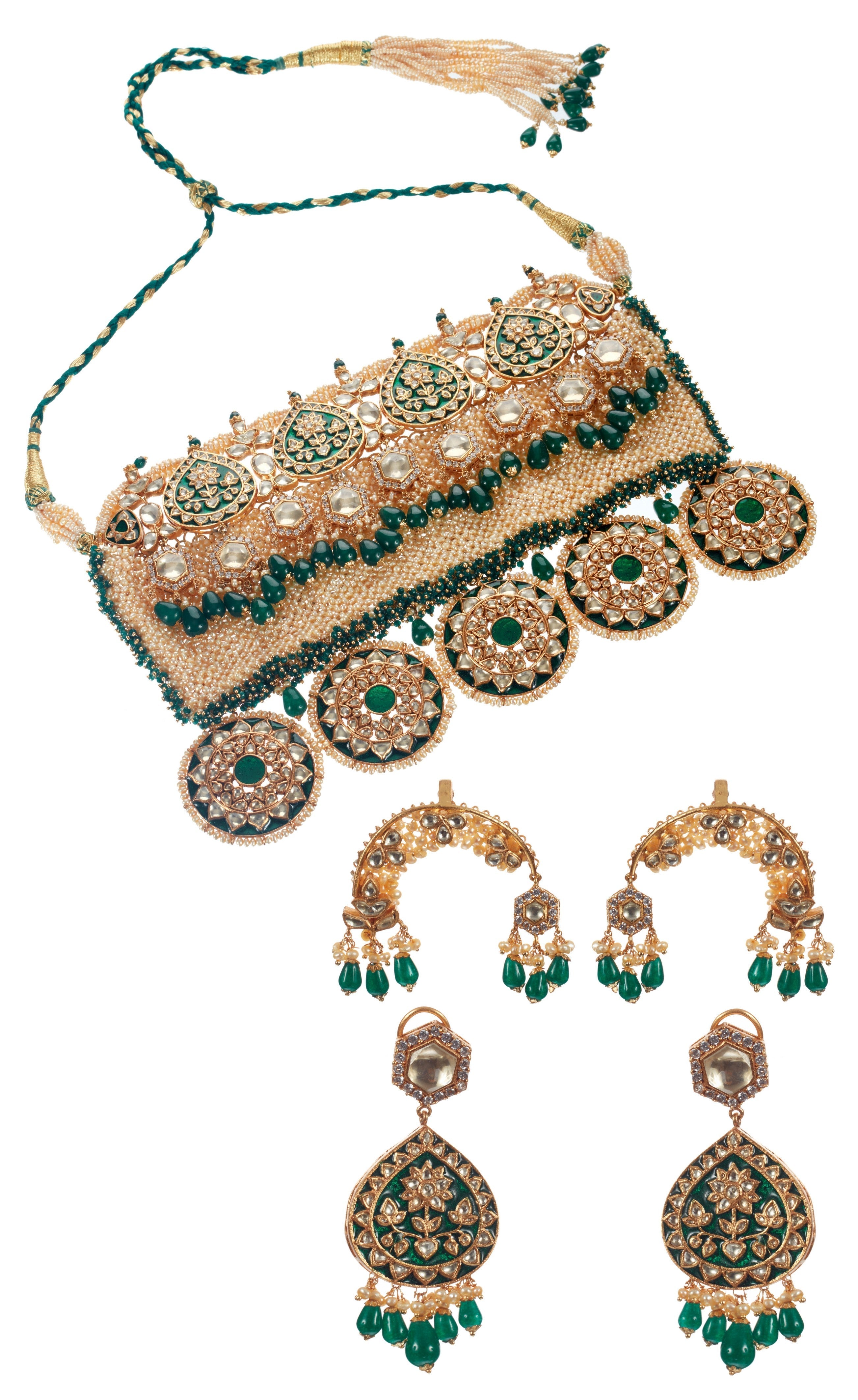 Green Meenakari and Pearl Jaal Bridal Set