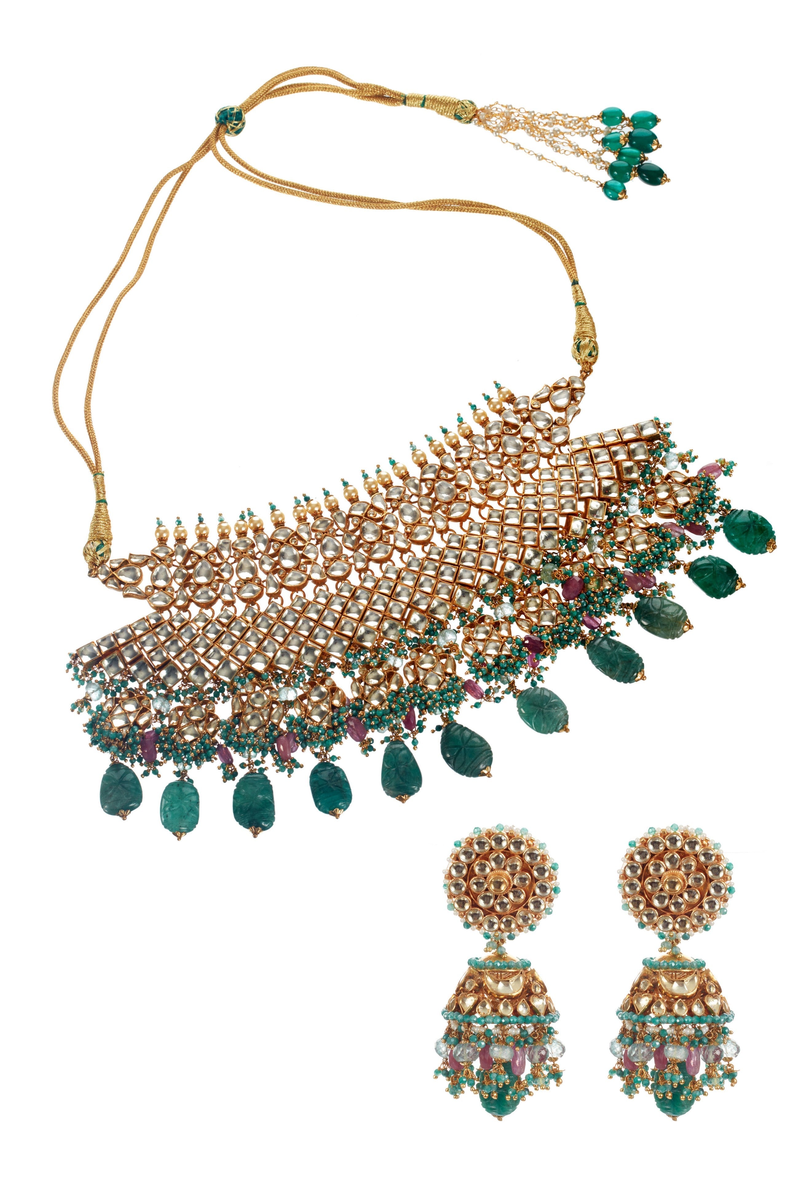 Green Kundan Bridal jaal Set with Carved Emeralds