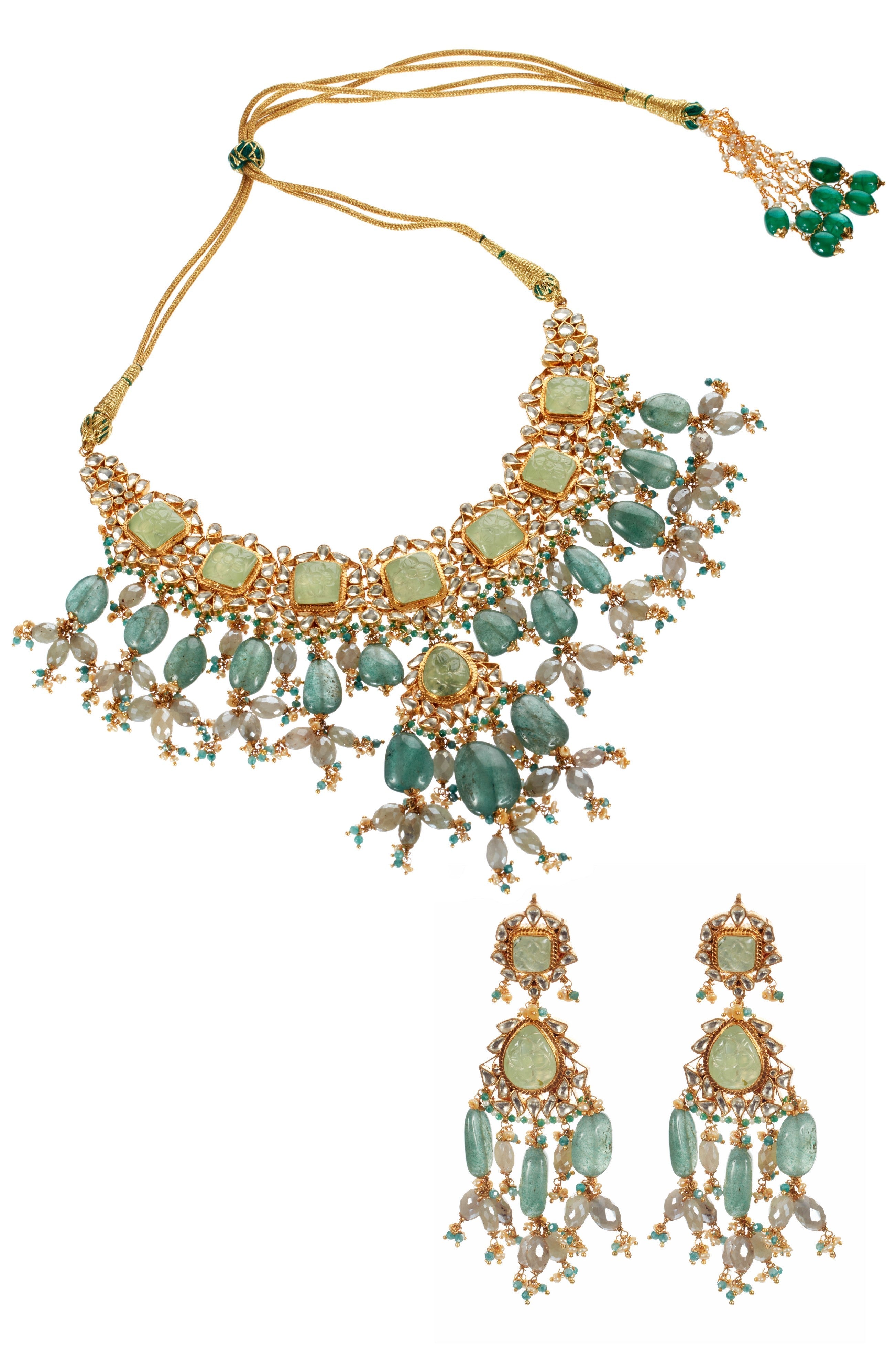 Carved Russian Green Beryl and Kundan set
