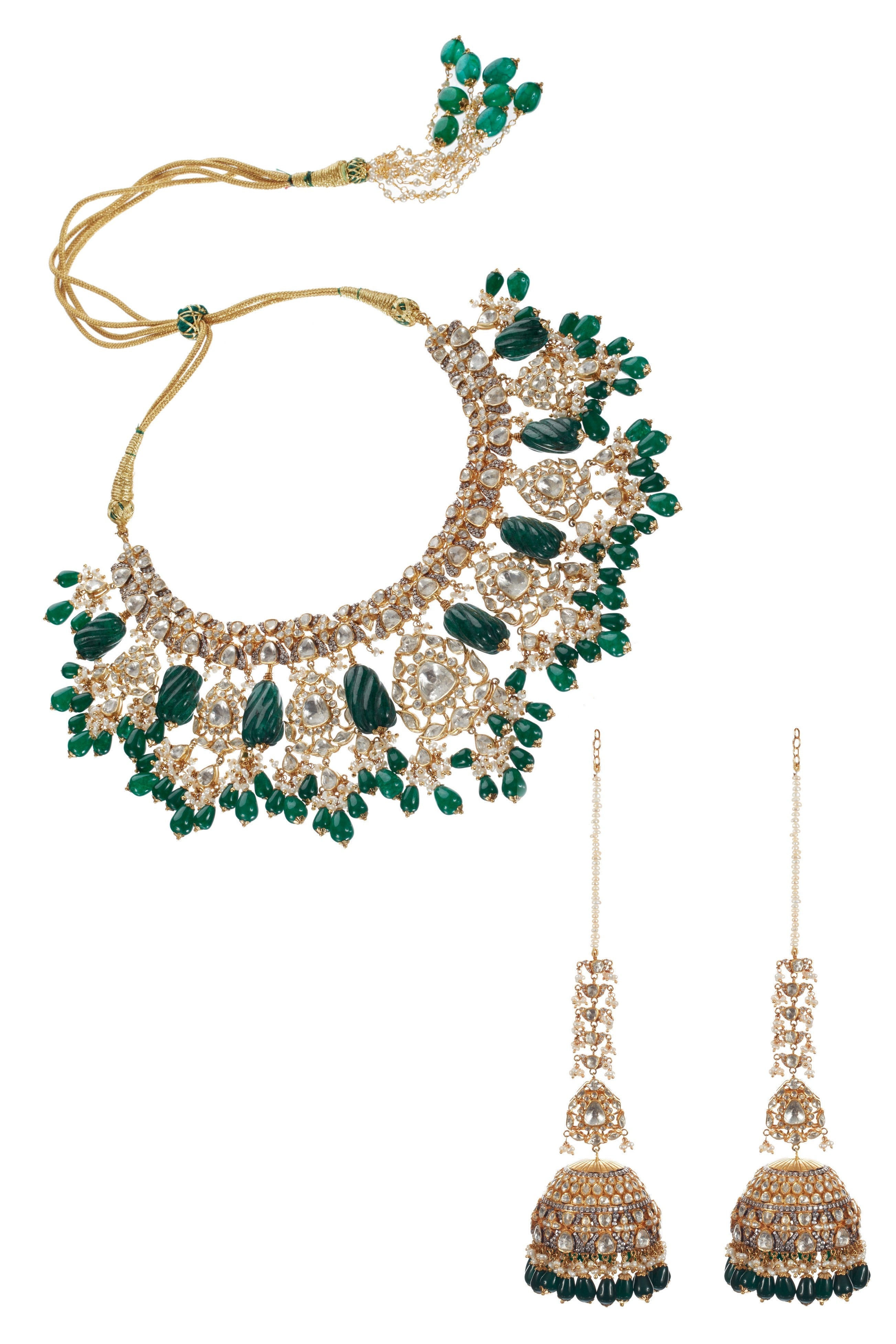 Tulip Open Polki Set With carved Green emeralds