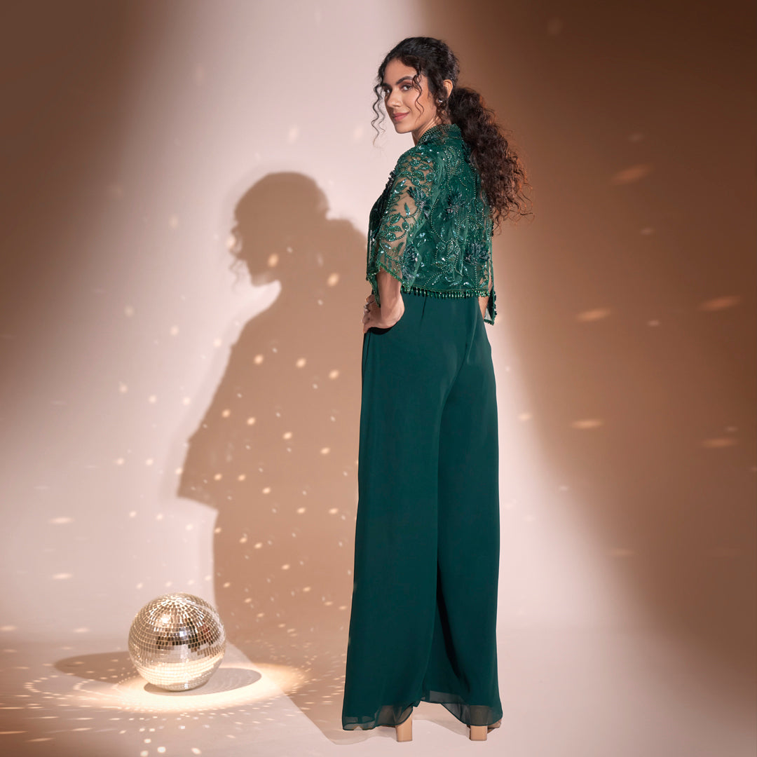 Flare Jumpsuit+ embroidered sheer cape