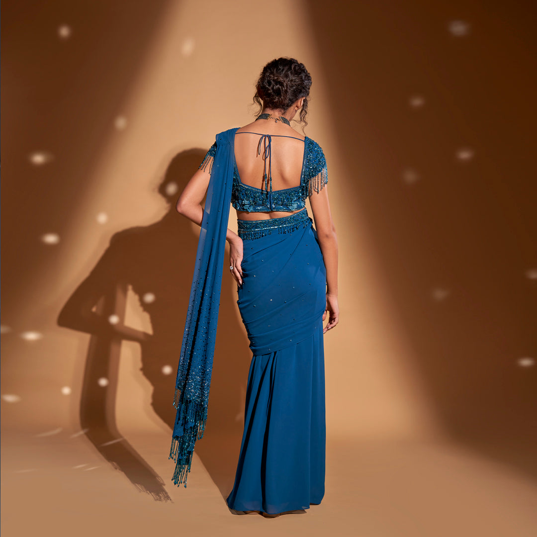 Pre-draped saree + Heavy blouse